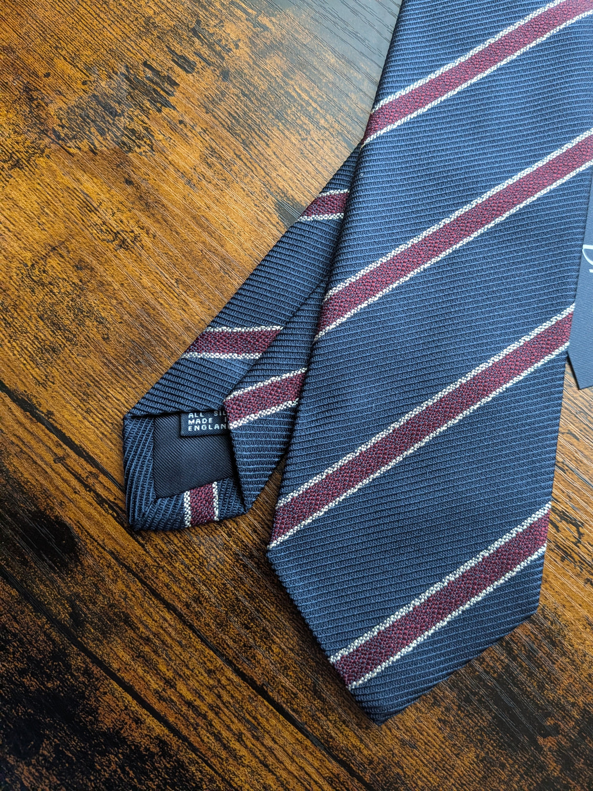 Drake's Navy, Burgundy and White Striped Handmade Silk Tie - image 2