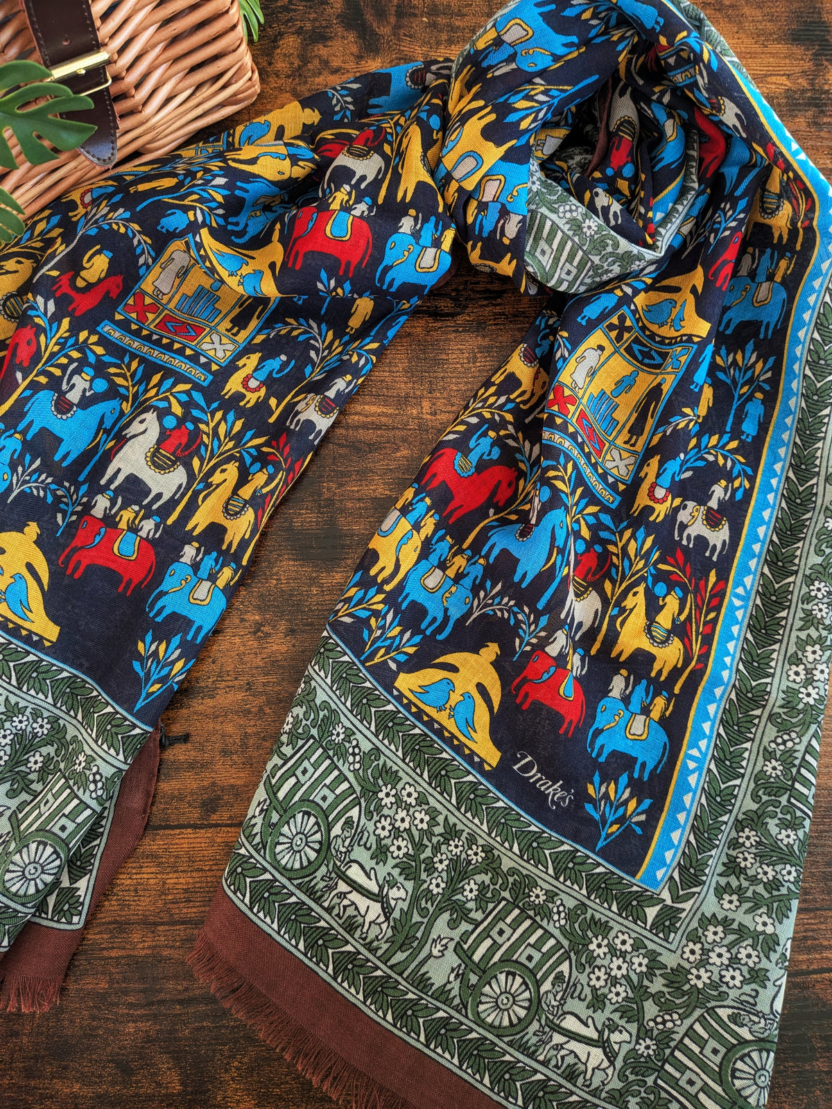Drake's Navy Elephant Village Print Wool-Silk Scarf - image 1
