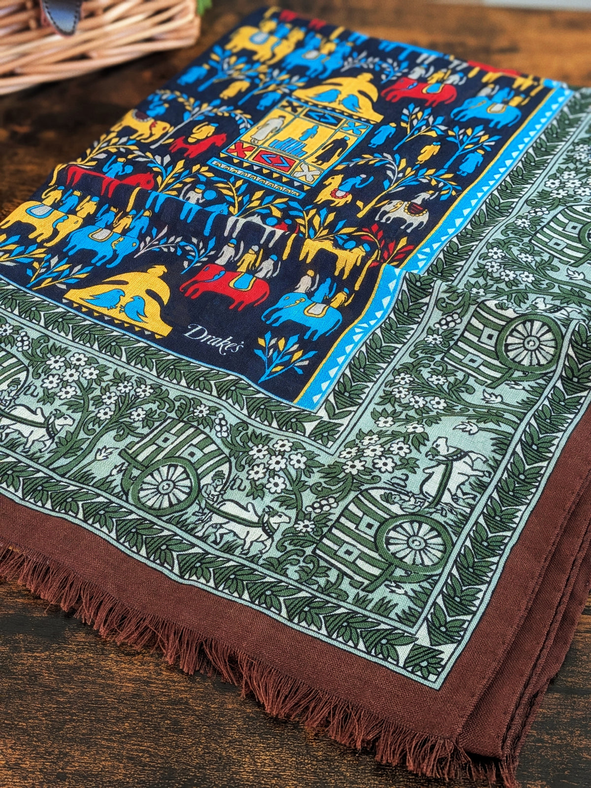 Drake's Navy Elephant Village Print Wool-Silk Scarf - image 2