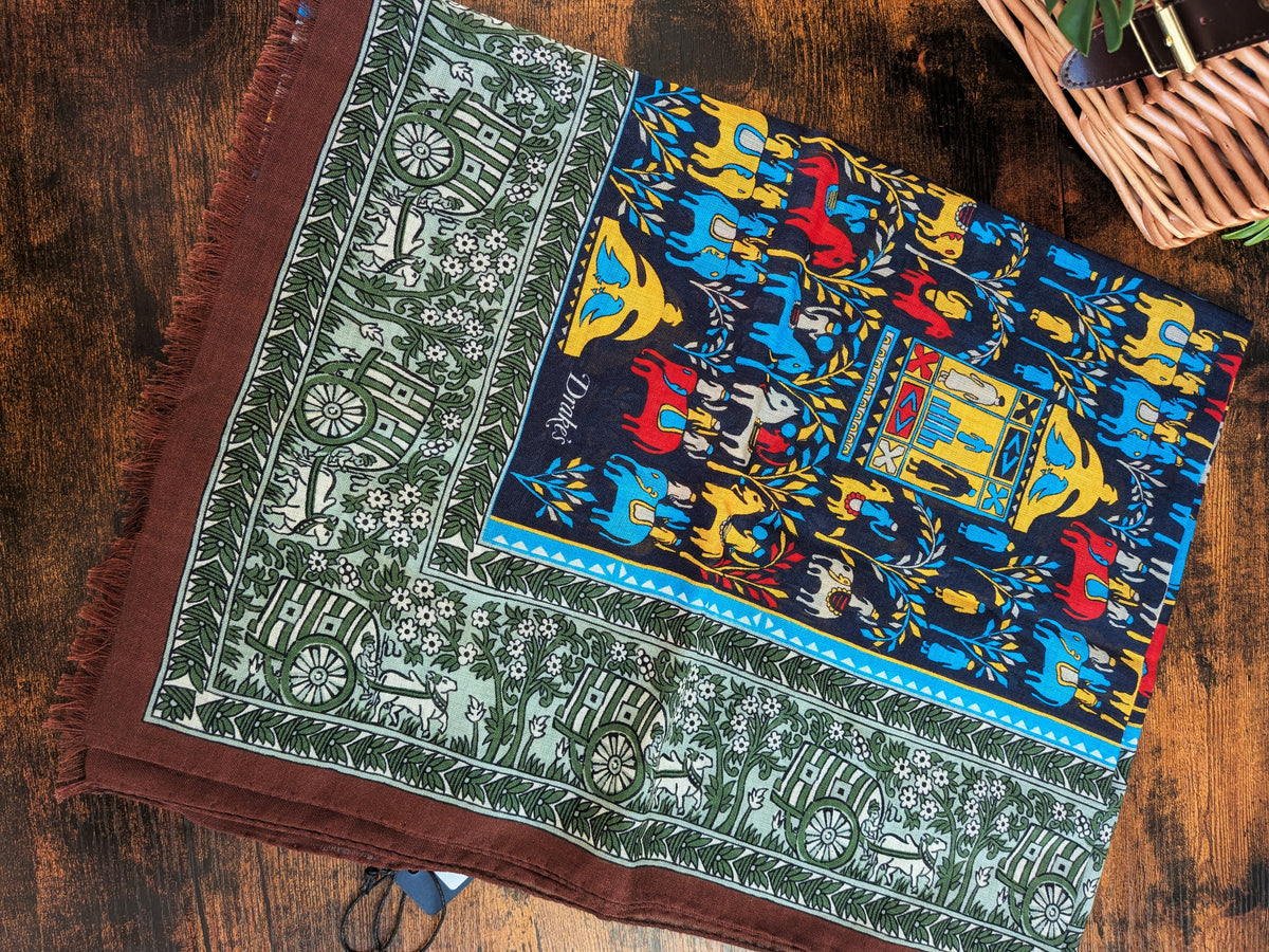 Drake's Navy Elephant Village Print Wool-Silk Scarf - image 3