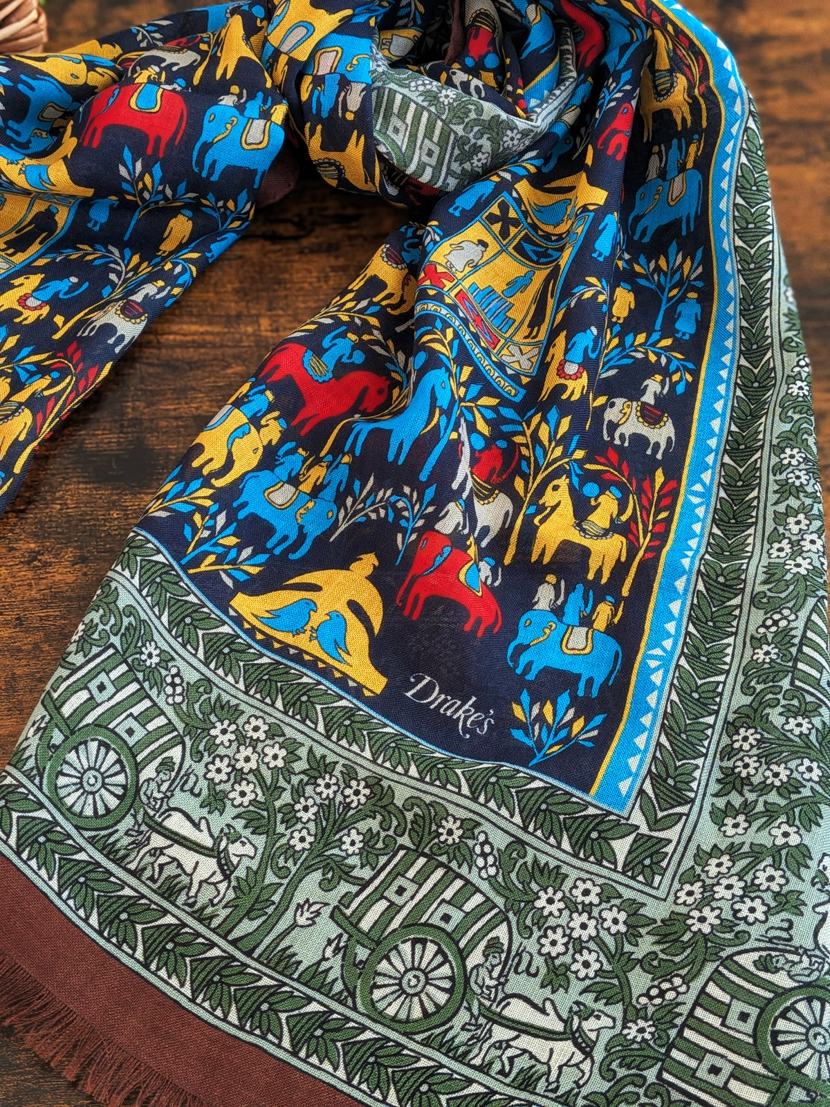 Drake's Navy Elephant Village Print Wool-Silk Scarf - image 6