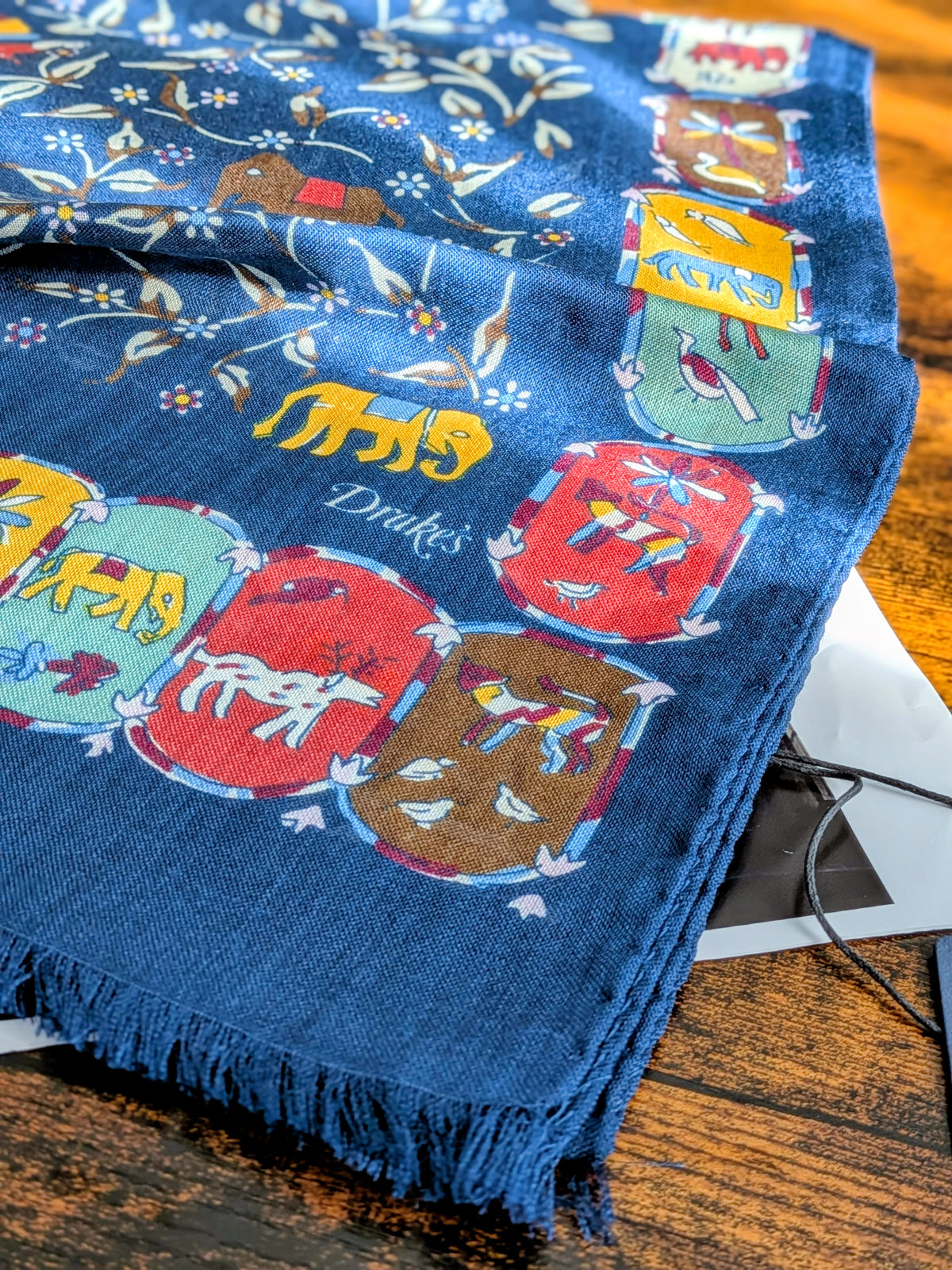 Drake's Navy Elephants and Flowers Print Wool-Silk Scarf - image 3
