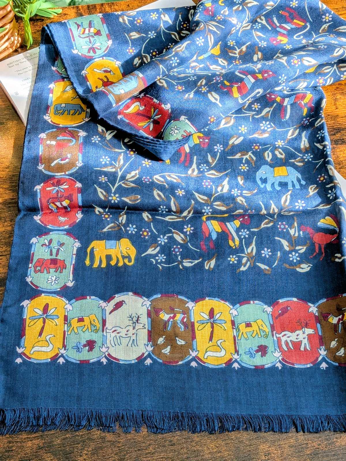 Drake's Navy Elephants and Flowers Print Wool-Silk Scarf - image 4
