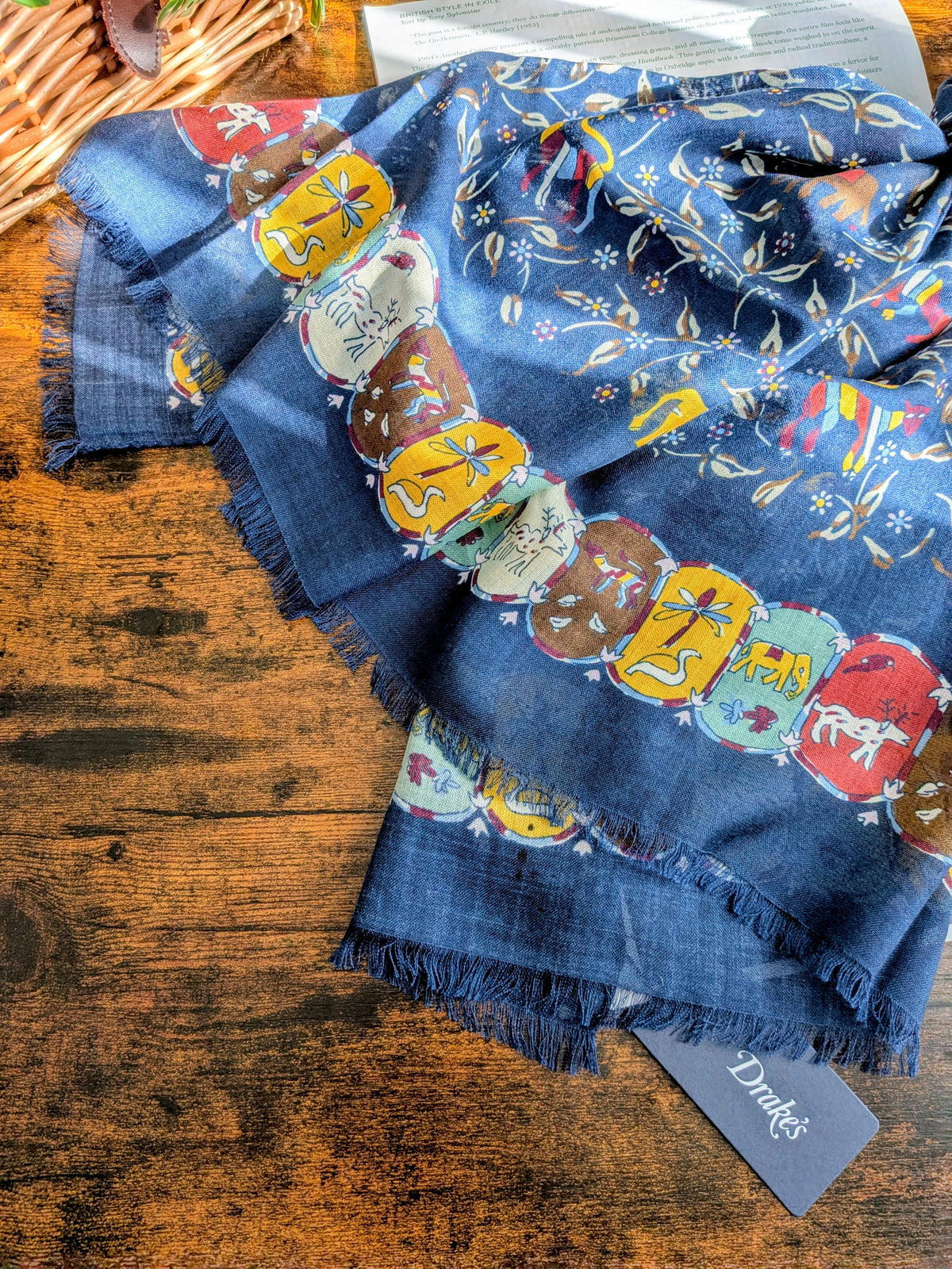 Drake's Navy Elephants and Flowers Print Wool-Silk Scarf - image 6