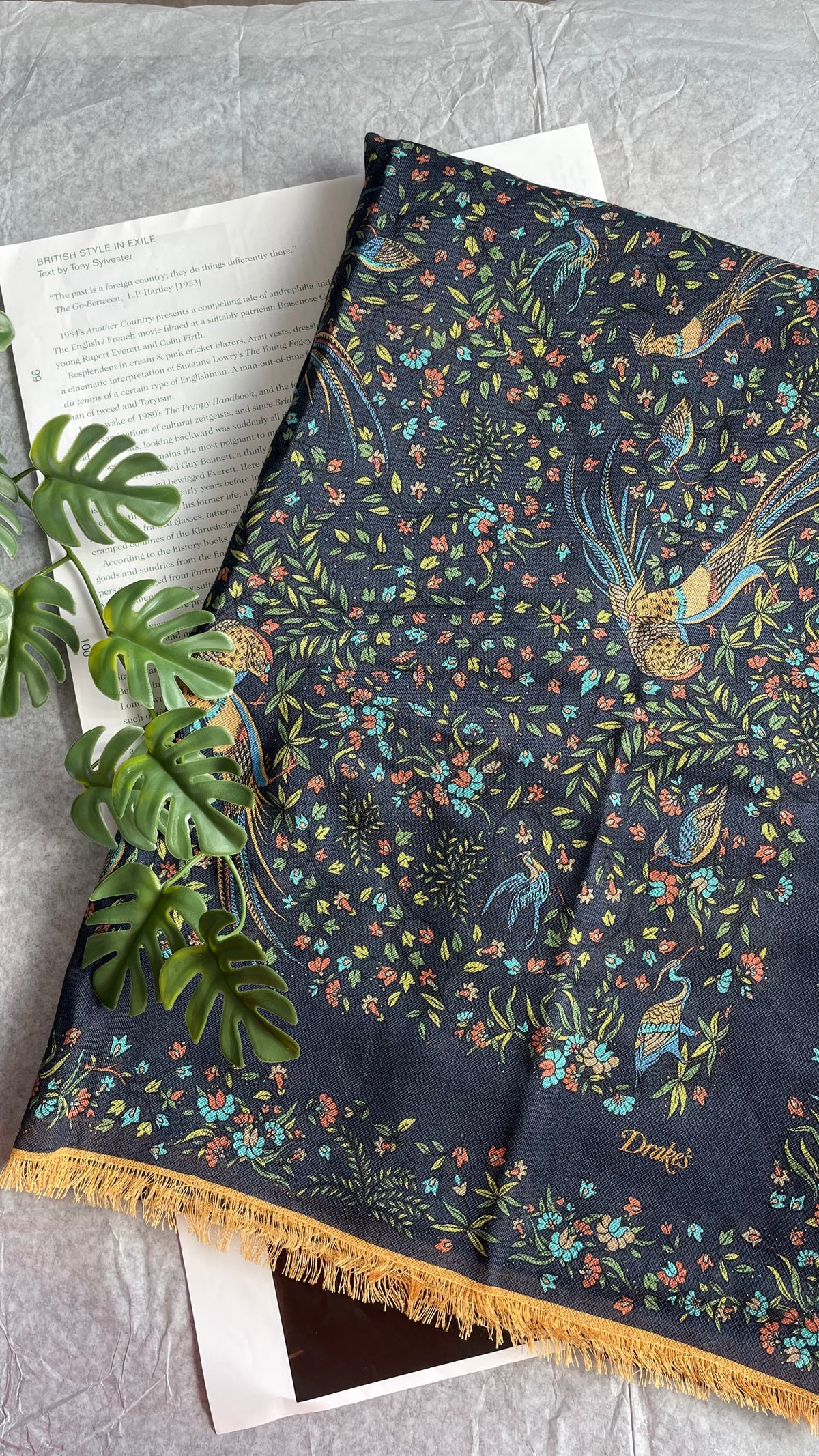 Drake's navy floral birds of paradise print wool-silk scarf product image
