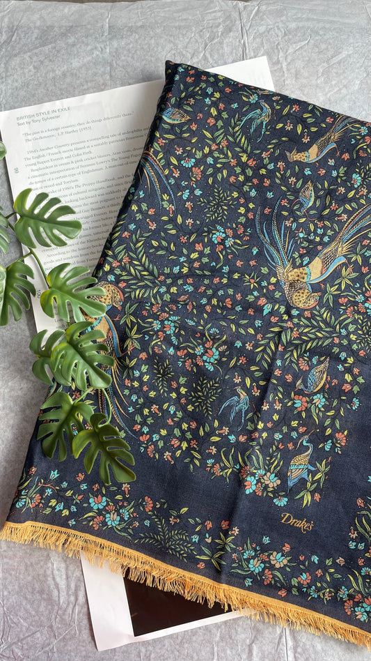 Drake's navy floral birds of paradise print wool-silk scarf product image