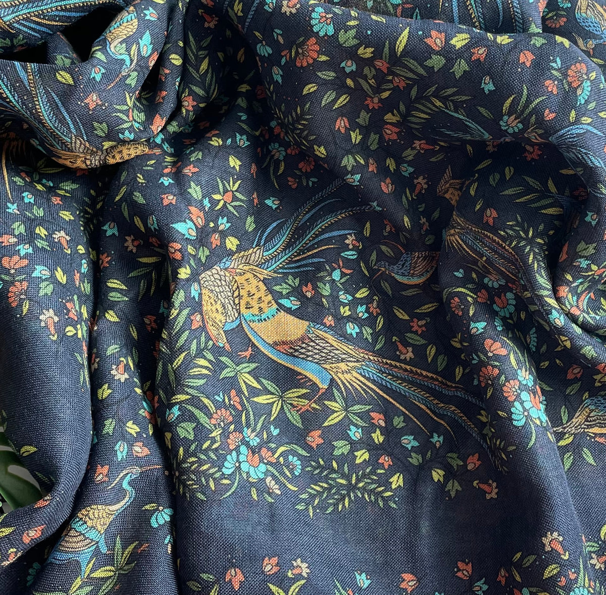 Drake's navy floral birds of paradise print wool-silk scarf detail view 2