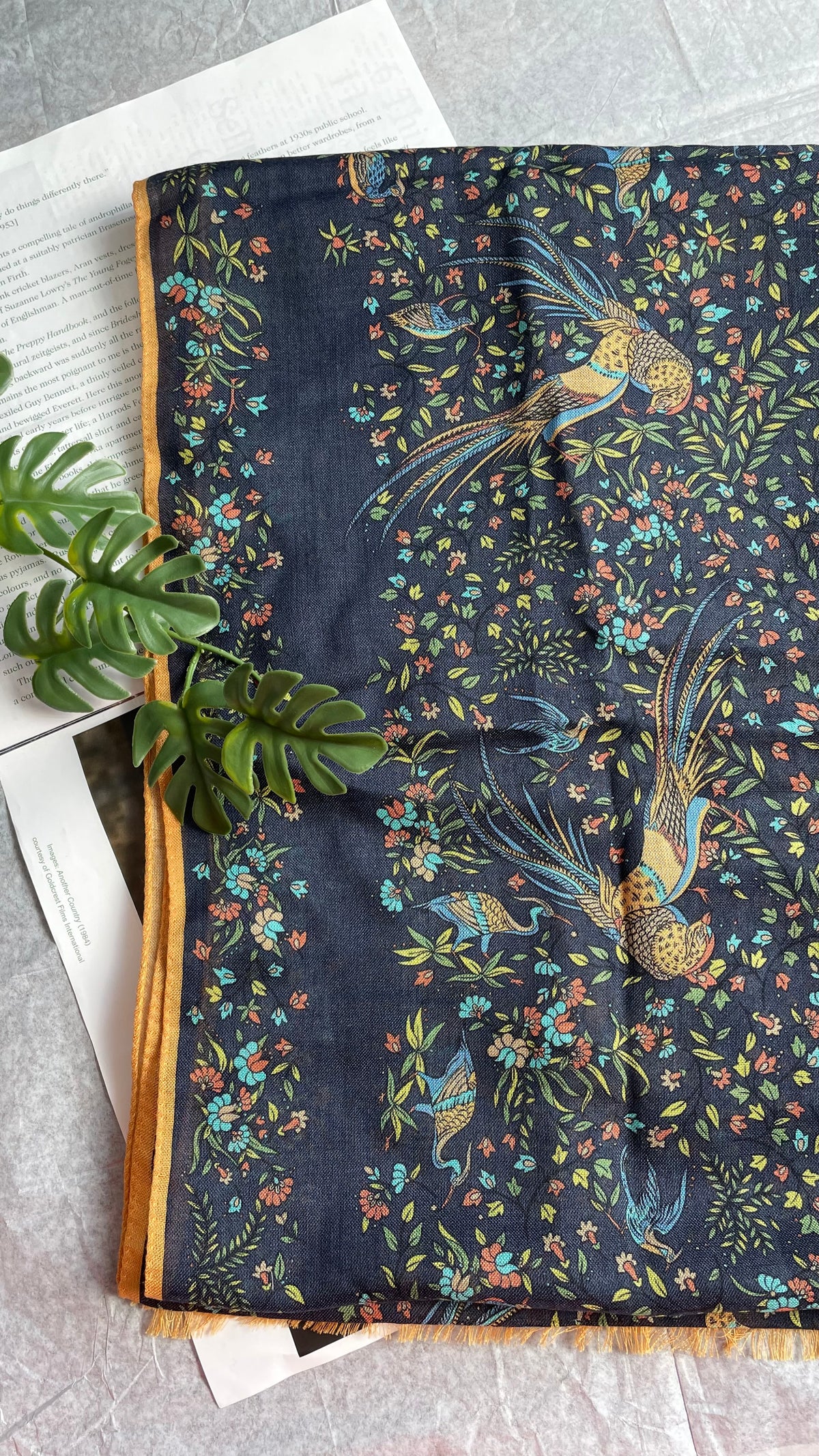 Drake's navy floral birds of paradise print wool-silk scarf detail view 3