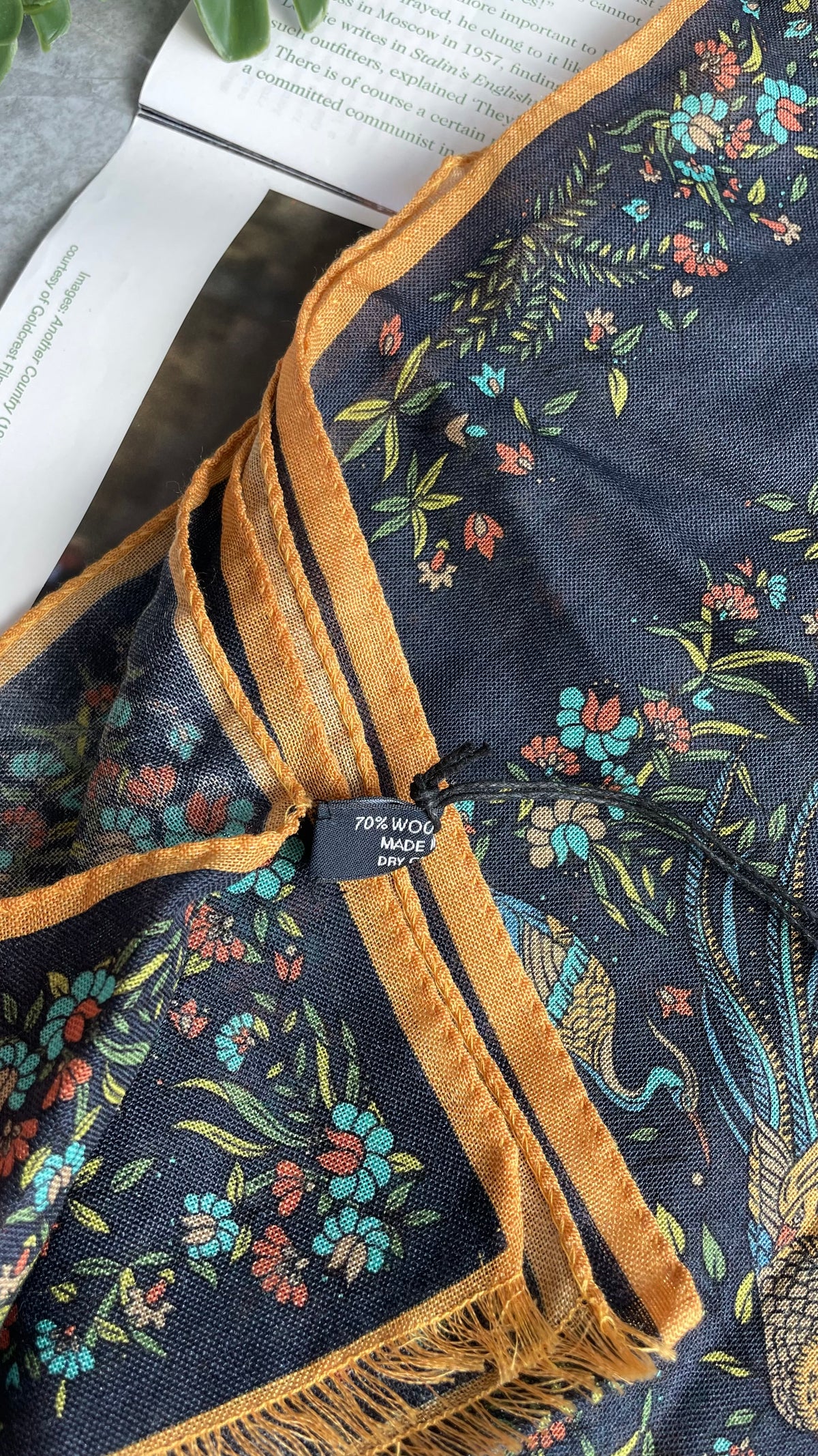 Drake's navy floral birds of paradise print wool-silk scarf detail view 4
