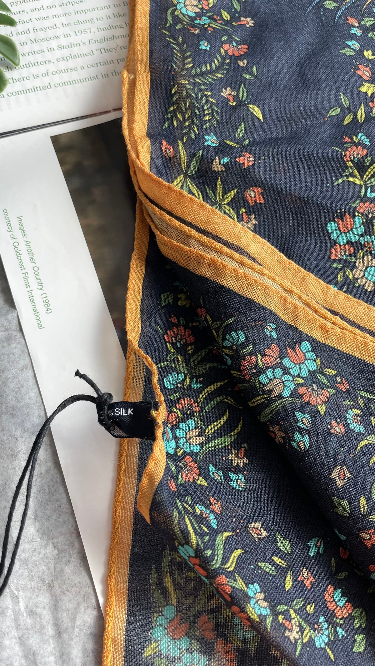 Drake's navy floral birds of paradise print wool-silk scarf detail view 5
