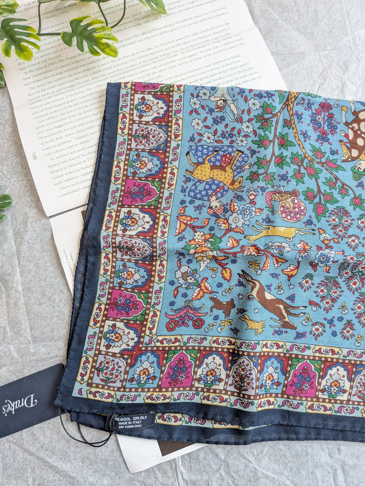 Drake's navy floral mughal print wool silk bandana detail view 2
