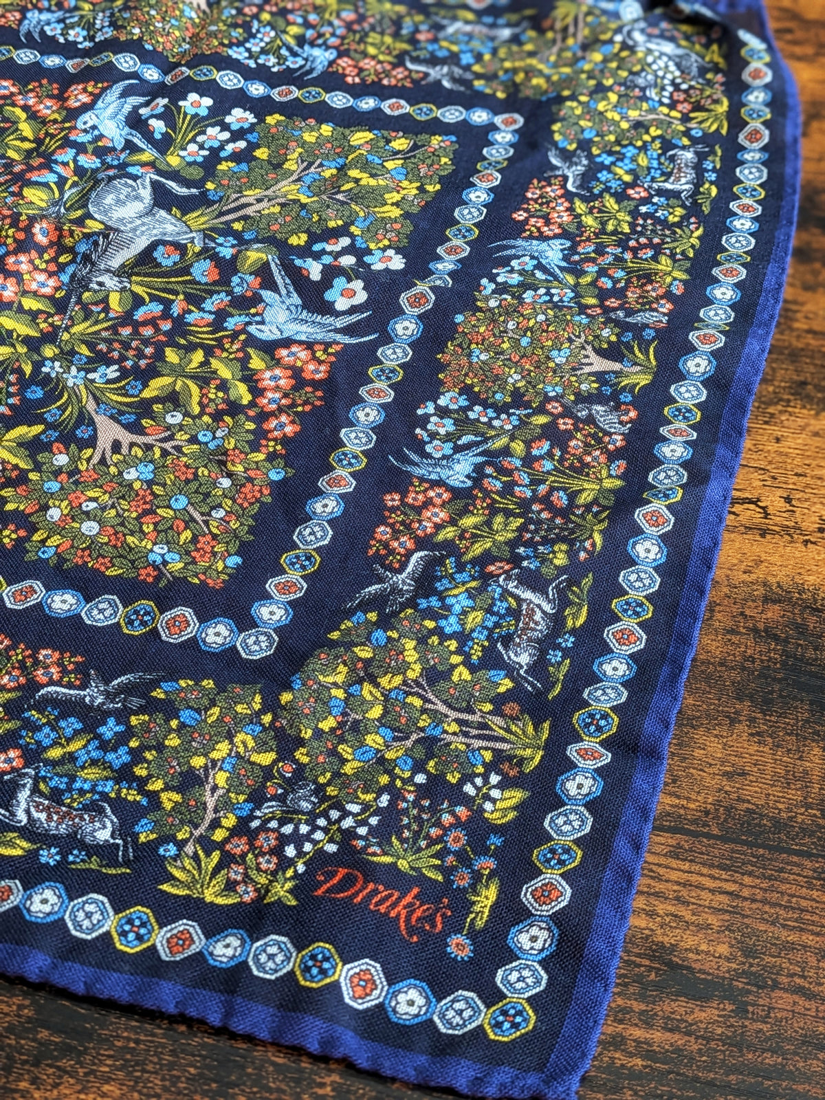 Drake's Navy Floral Unicorn Print Wool-Silk Pocket Square - image 1