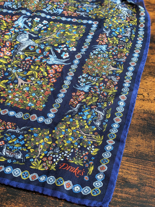 Drake's Navy Floral Unicorn Print Wool-Silk Pocket Square - image 1
