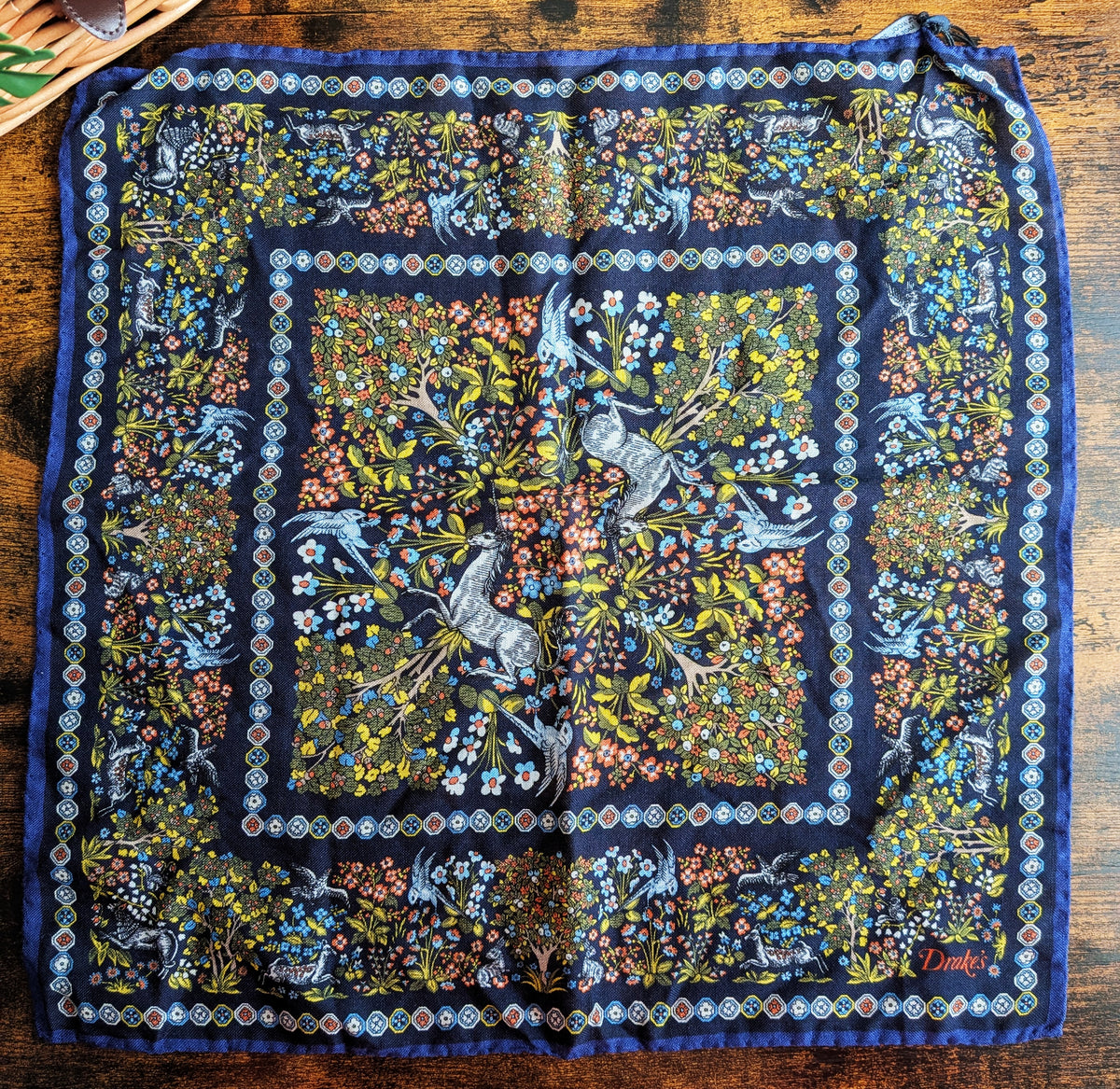 Drake's Navy Floral Unicorn Print Wool-Silk Pocket Square - image 3
