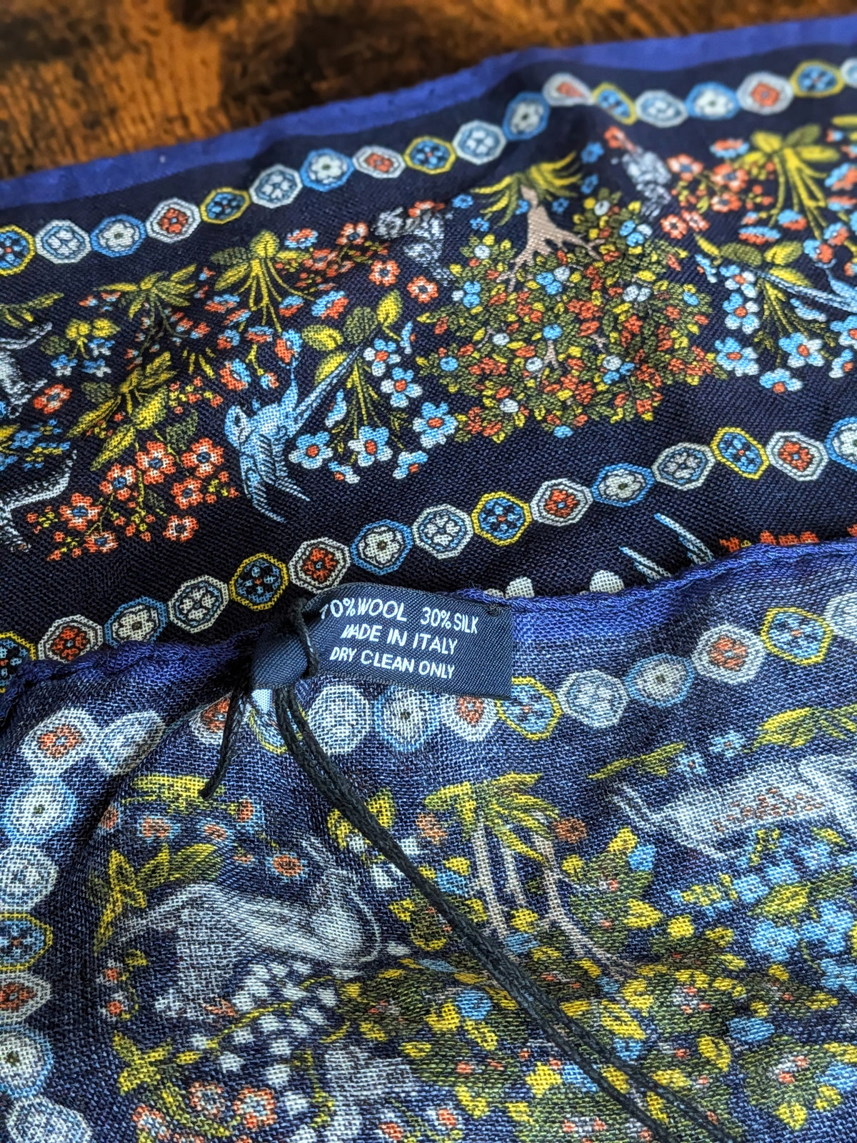 Drake's Navy Floral Unicorn Print Wool-Silk Pocket Square - image 4