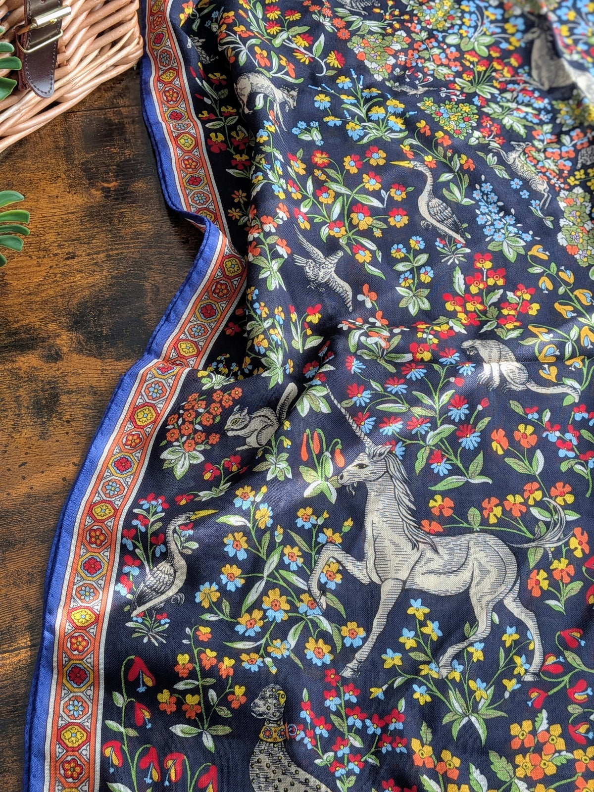 Drake's Navy Forest Animals Flower Border Wool-Silk Scarf - image 1