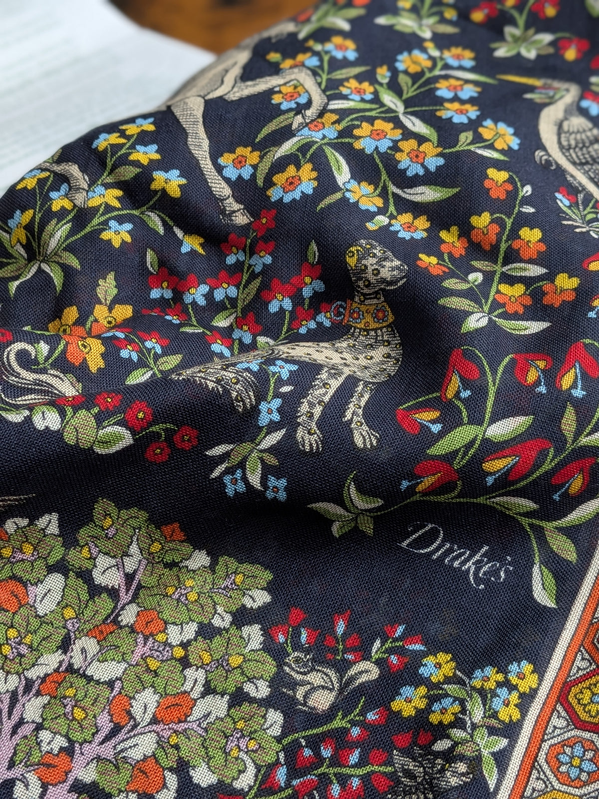 Drake's Navy Forest Animals Flower Border Wool-Silk Scarf - image 2