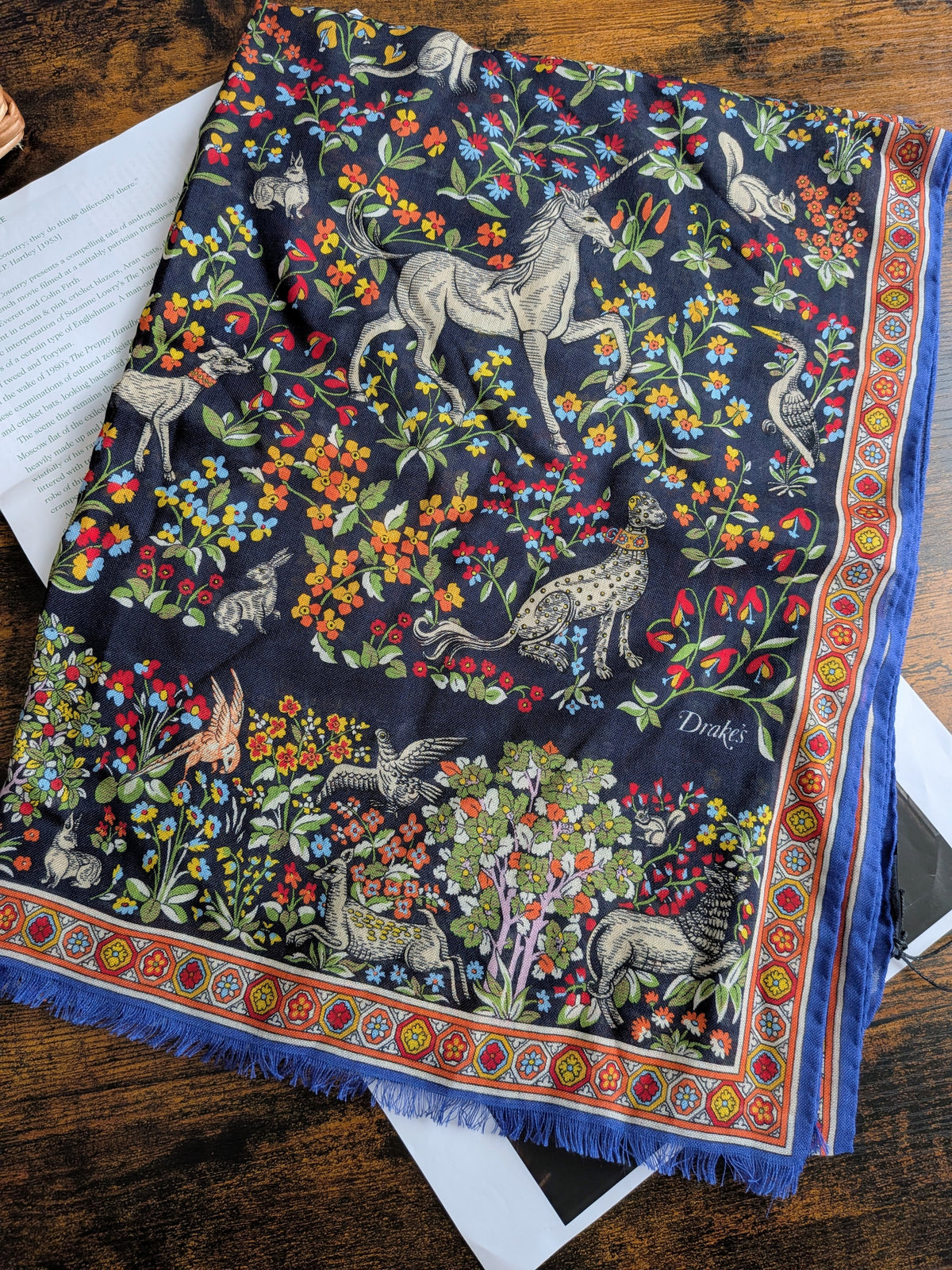 Drake's Navy Forest Animals Flower Border Wool-Silk Scarf - image 3