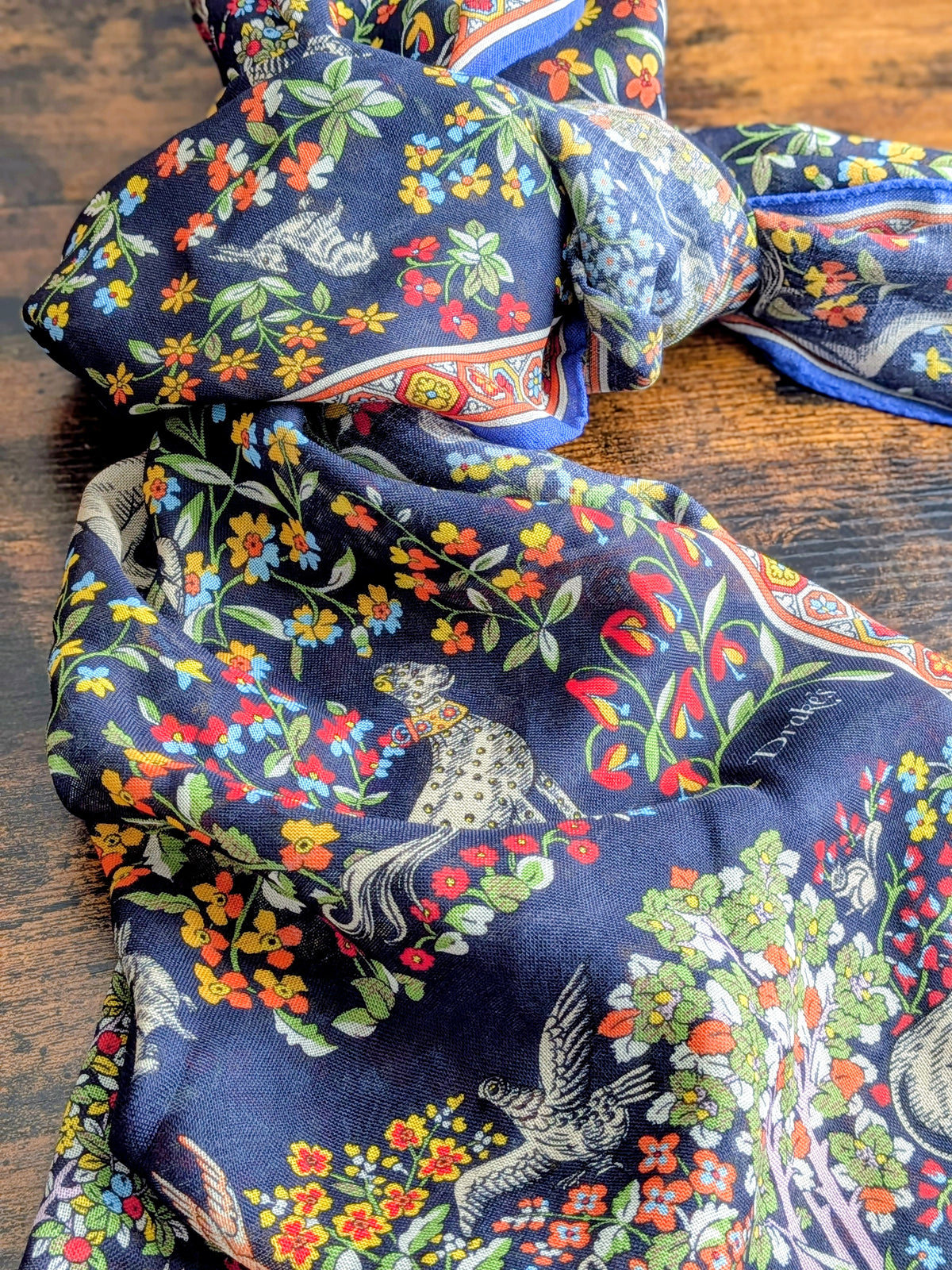 Drake's Navy Forest Animals Flower Border Wool-Silk Scarf - image 4