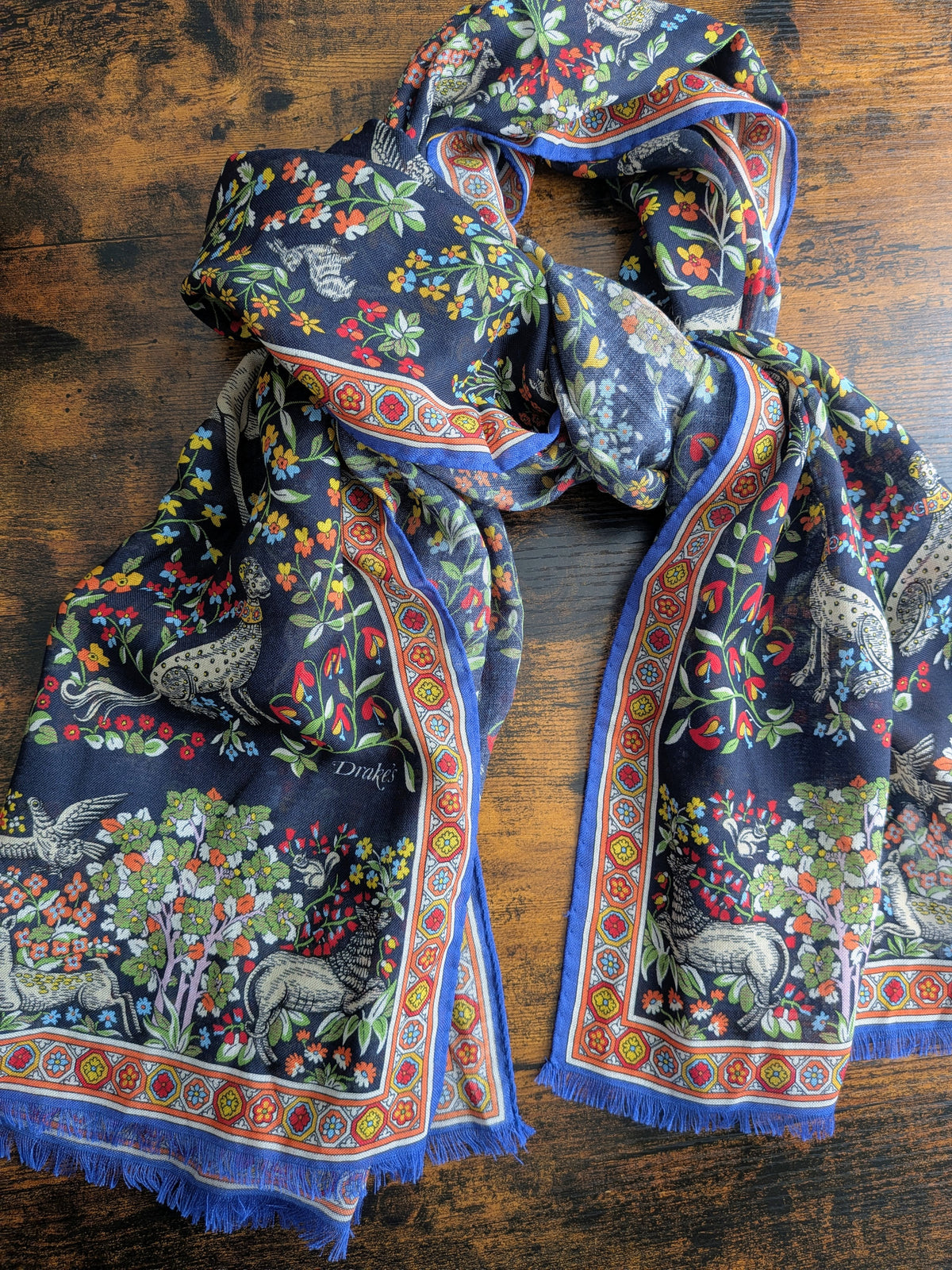 Drake's Navy Forest Animals Flower Border Wool-Silk Scarf - image 5