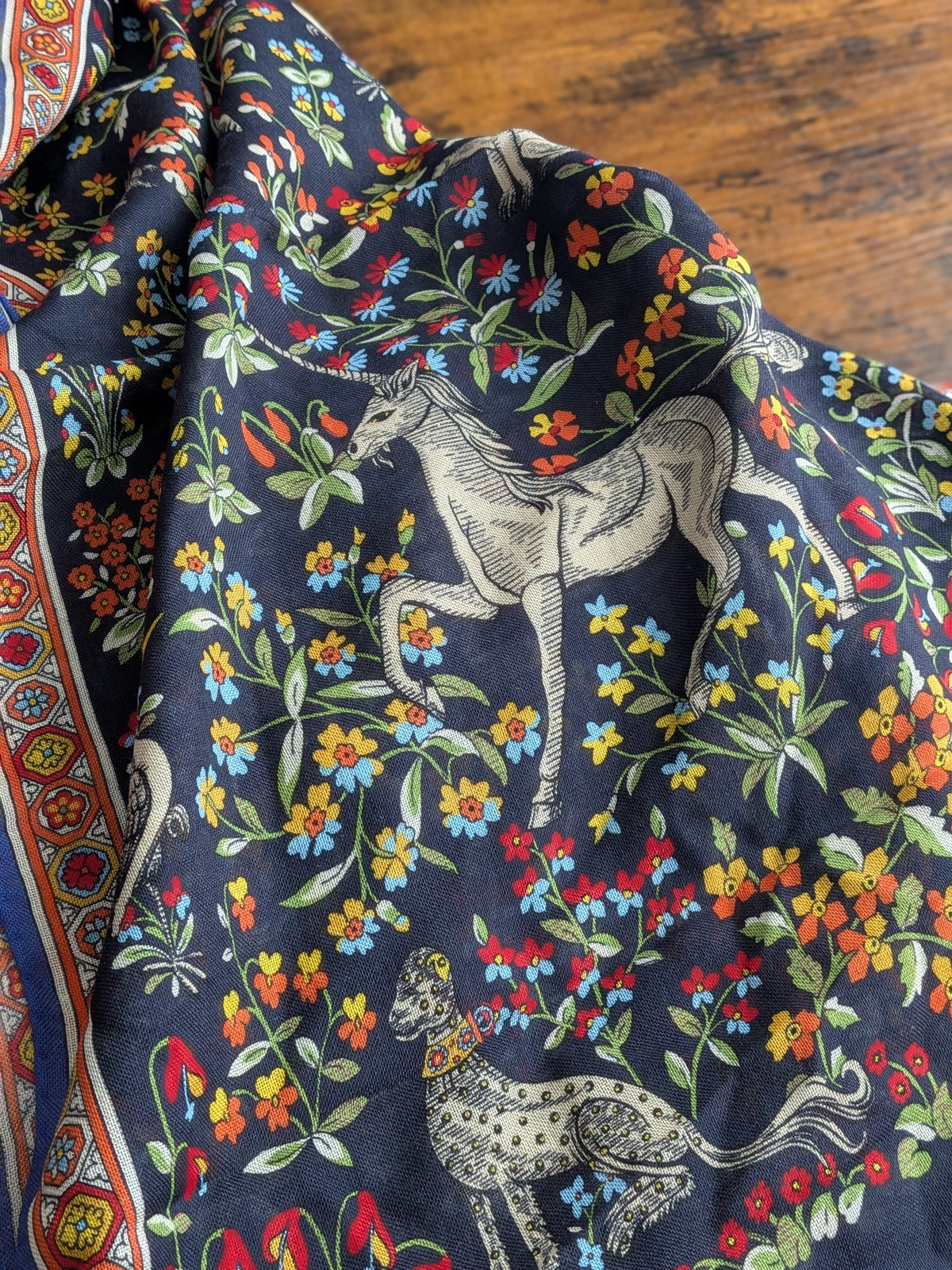 Drake's Navy Forest Animals Flower Border Wool-Silk Scarf - image 6