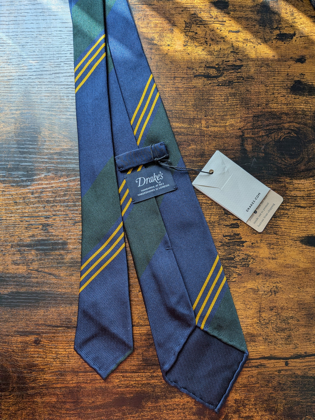 Drake's navy green yellow handmade striped silk tie product image