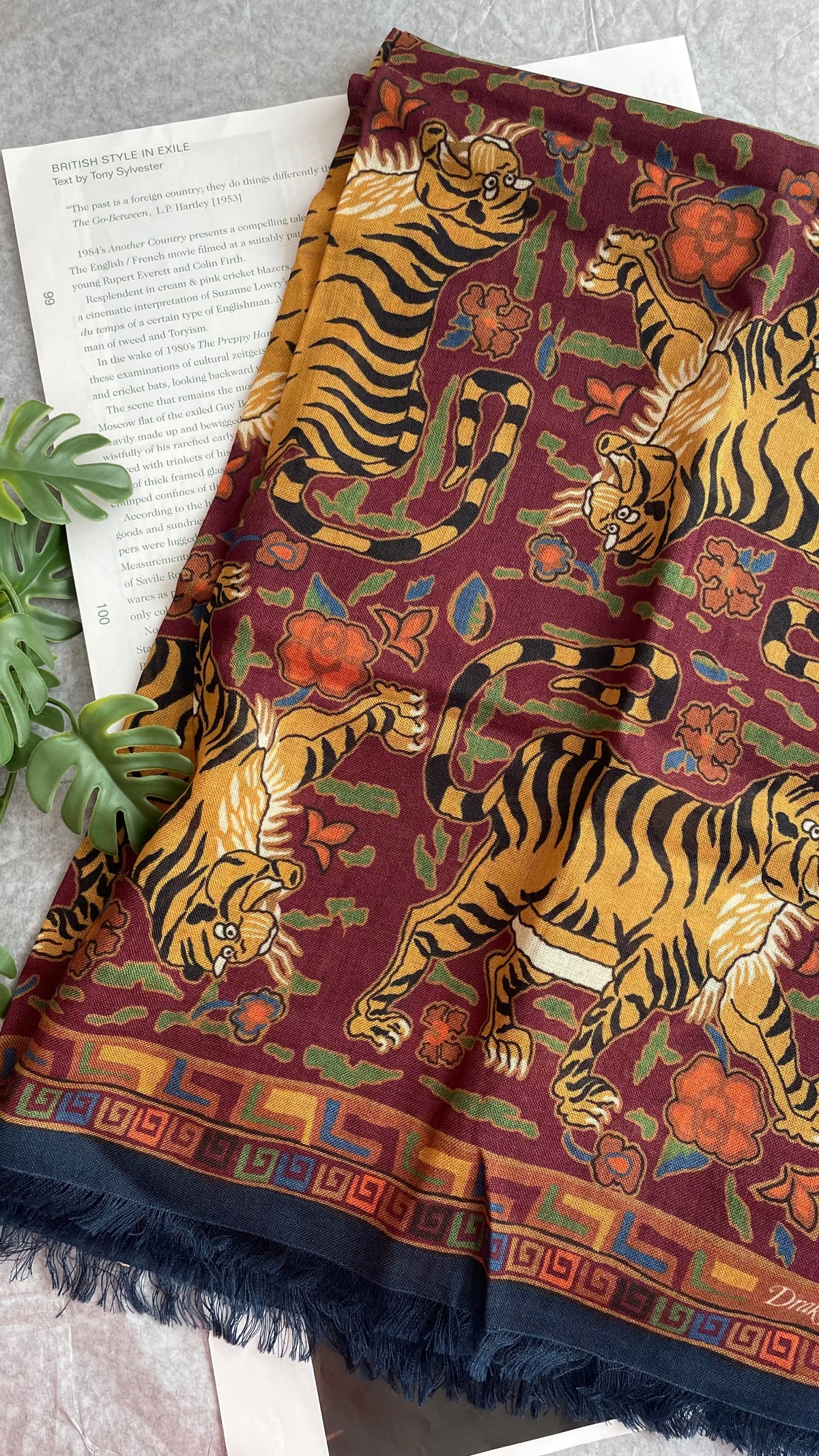 Drake's navy jumbo tiger print wool silk scarf product image