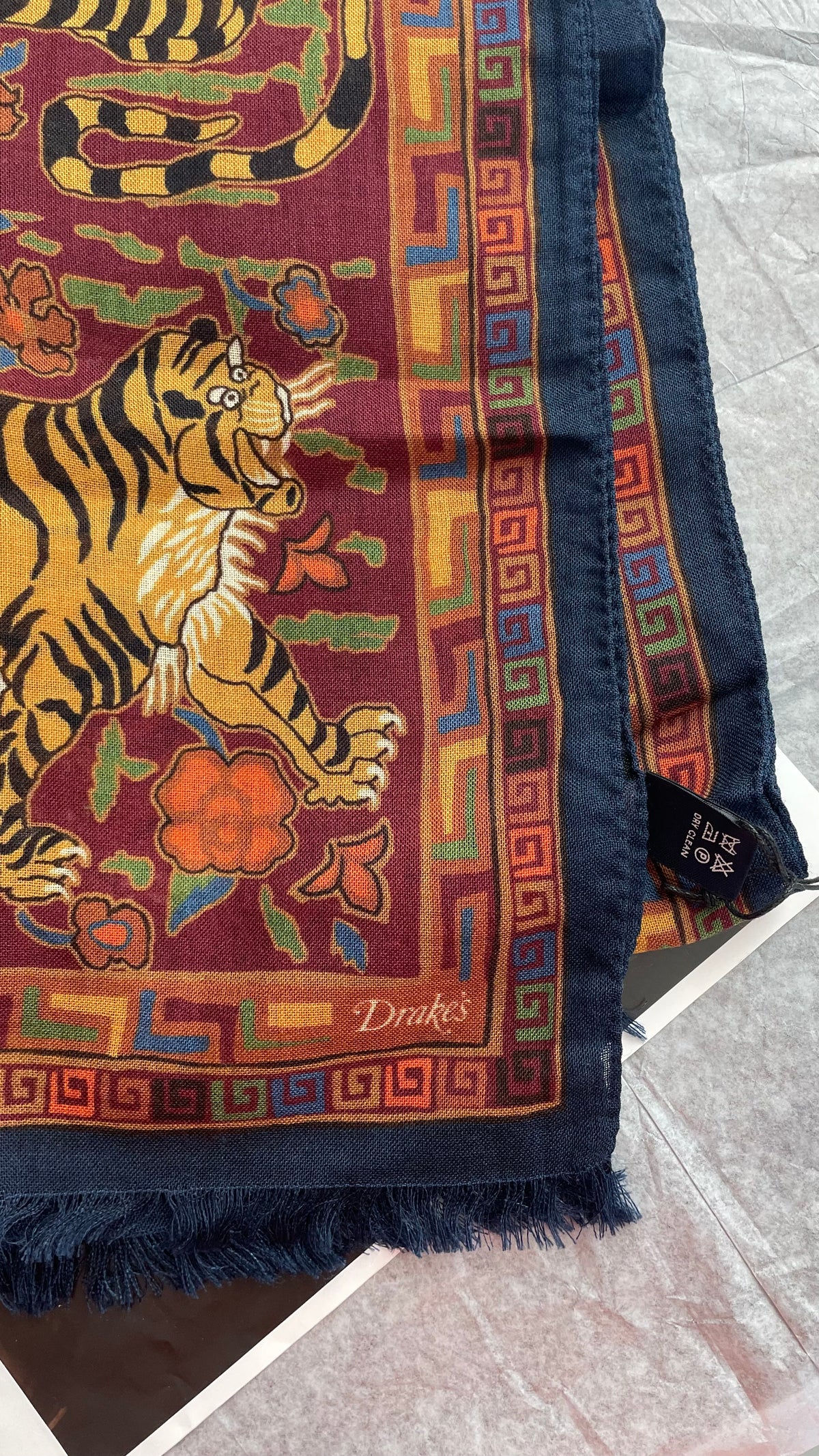 Drake's navy jumbo tiger print wool silk scarf detail view 2
