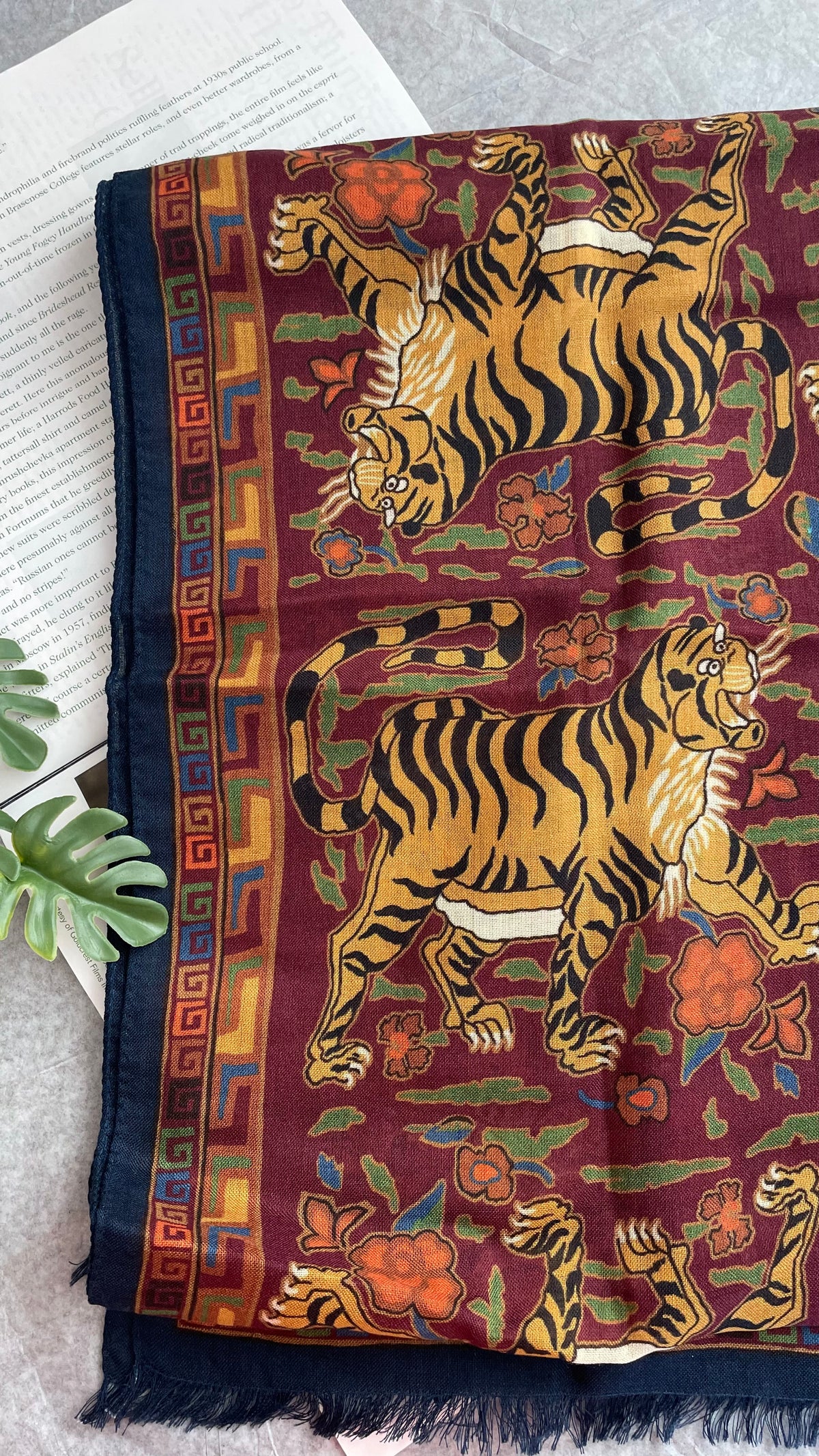 Drake's navy jumbo tiger print wool silk scarf detail view 3