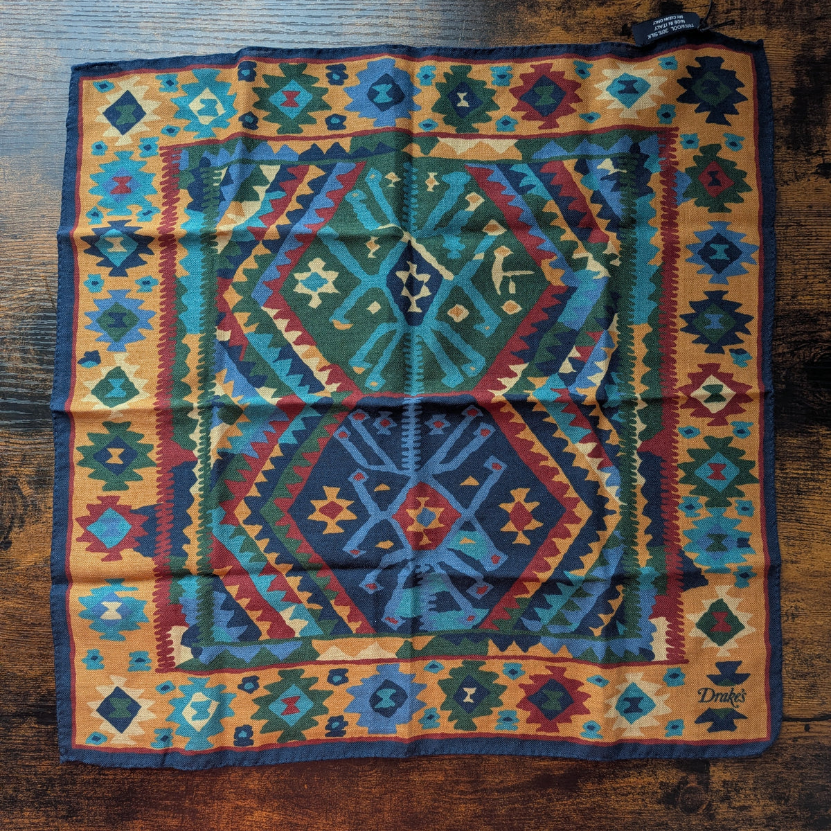 Drake's navy kilim print wool silk pocket square detail view 2