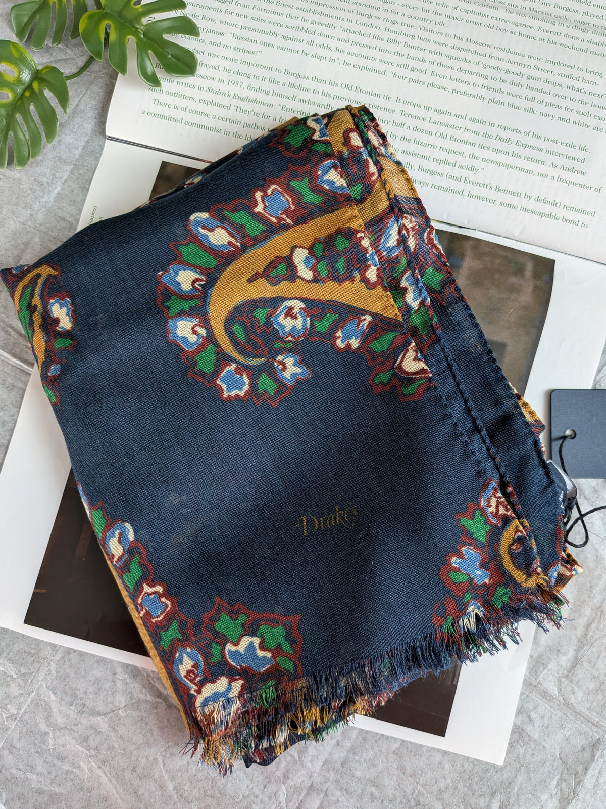 Drake's navy large paisley wool silk print scarf product image