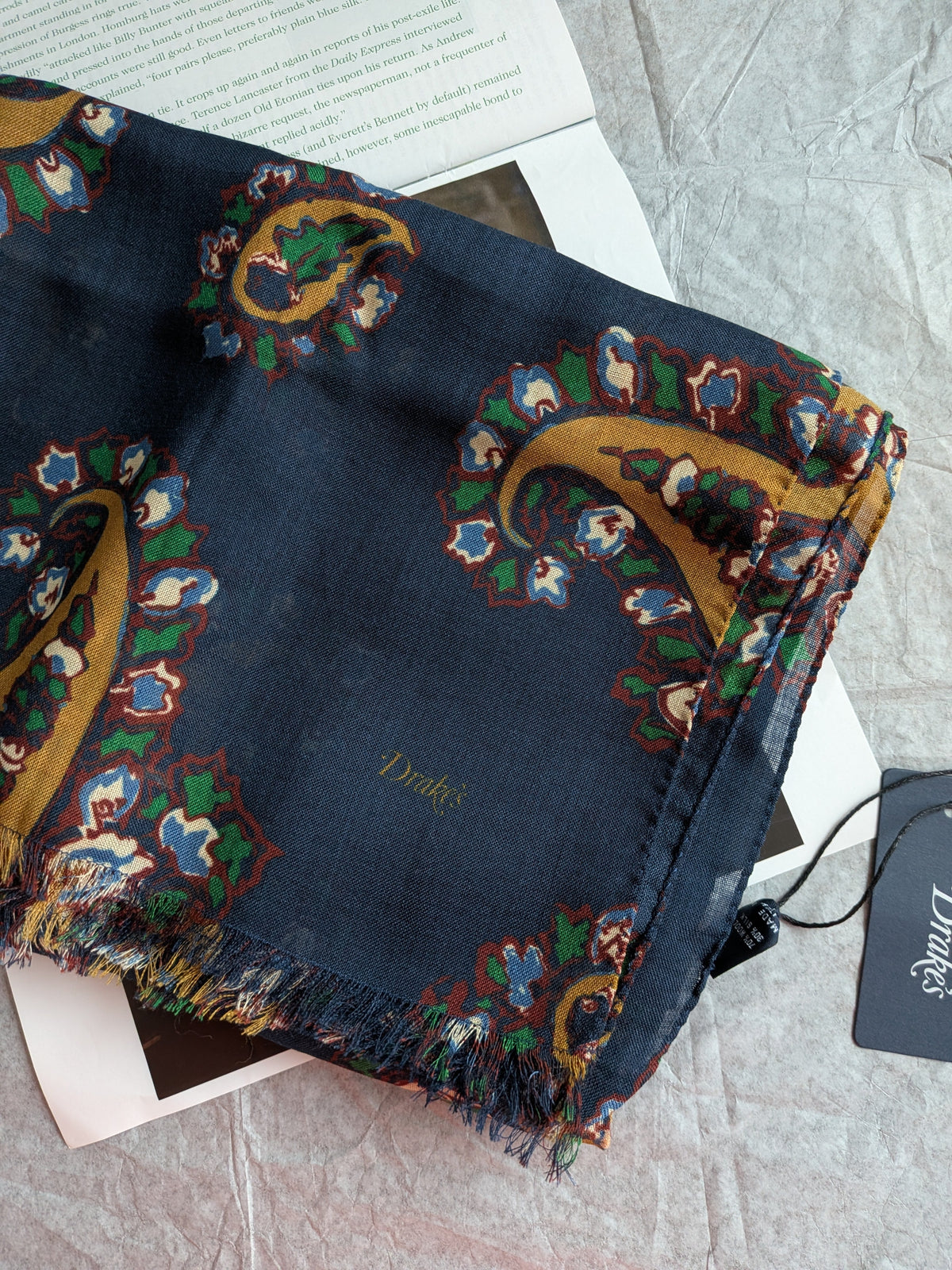 Drake's navy large paisley wool silk print scarf detail view 2