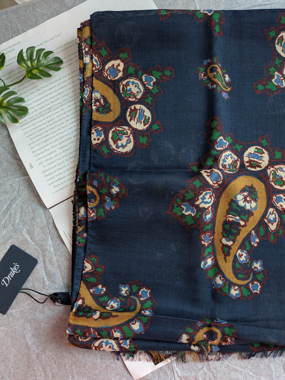 Drake's navy large paisley wool silk print scarf detail view 3