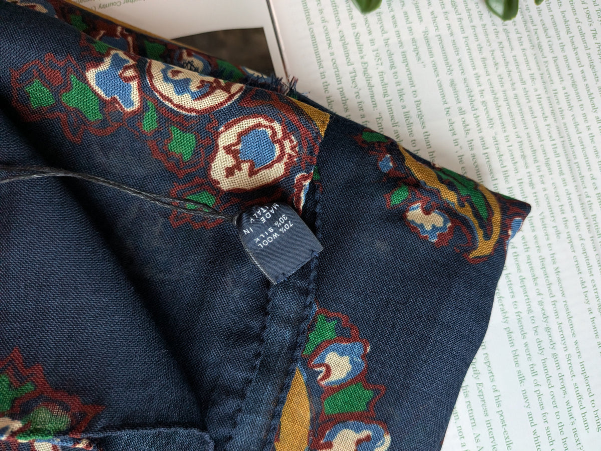 Drake's navy large paisley wool silk print scarf detail view 4