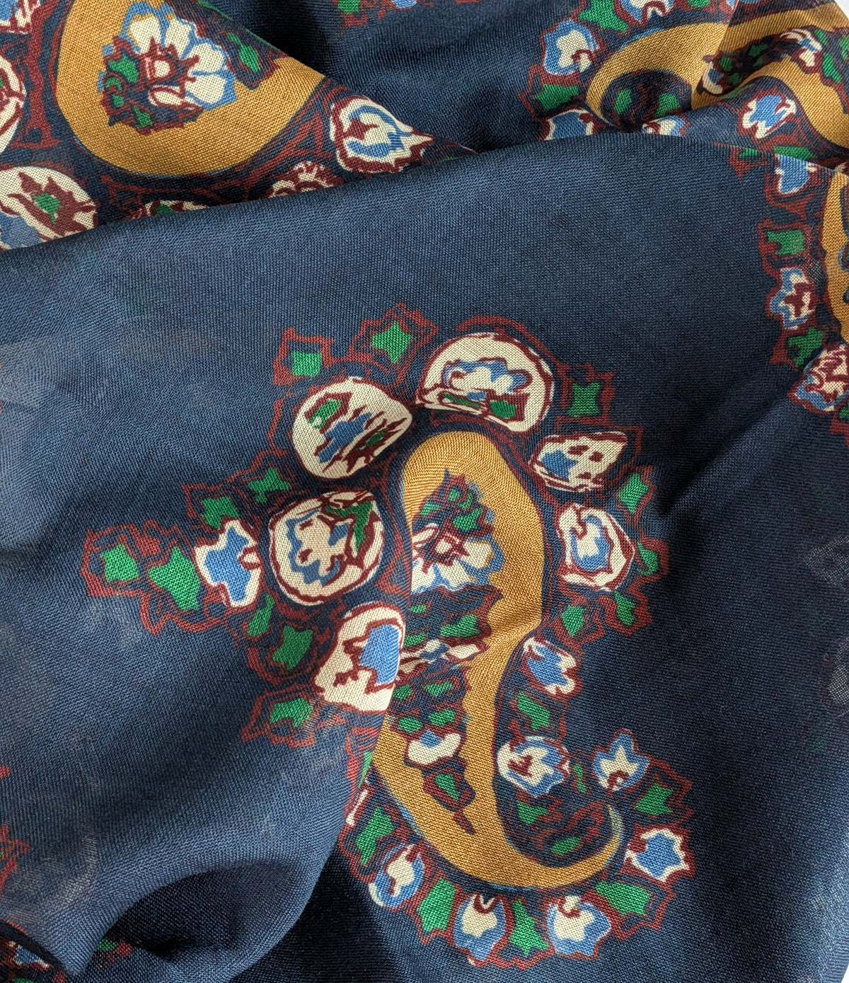 Drake's navy large paisley wool silk print scarf detail view 5