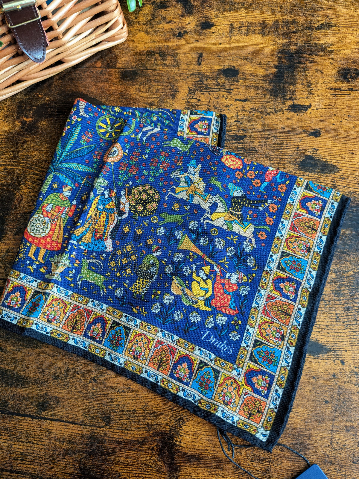 Drake's Navy Mughal Print Wool-Silk Pocket Square - image 1