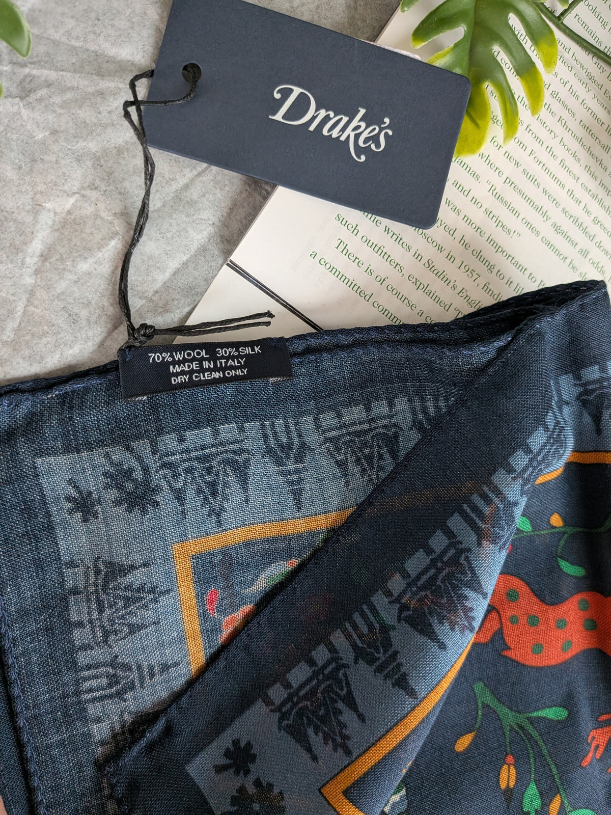 Drake's navy mythical animals print wool silk bandana detail view 2