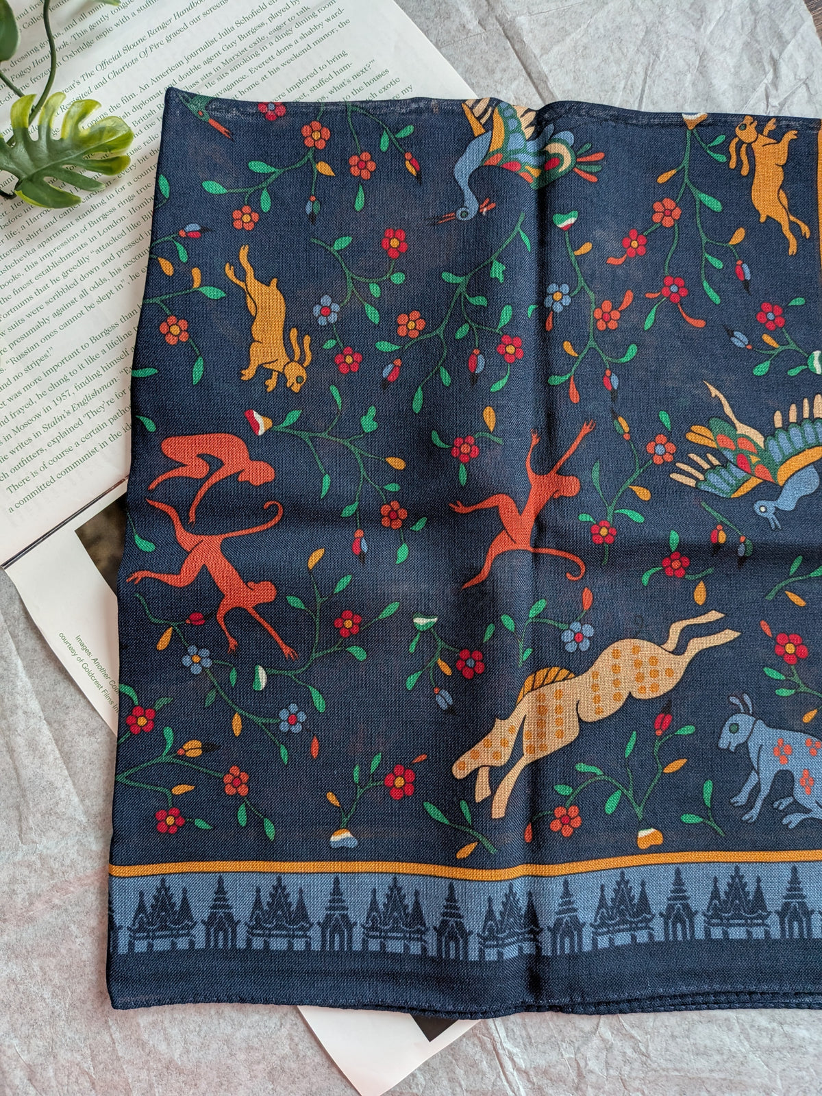 Drake's navy mythical animals print wool silk bandana detail view 3