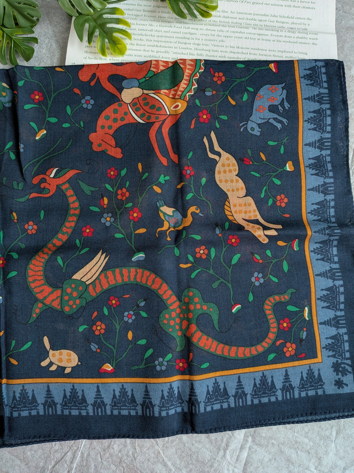 Drake's navy mythical animals print wool silk bandana detail view 5