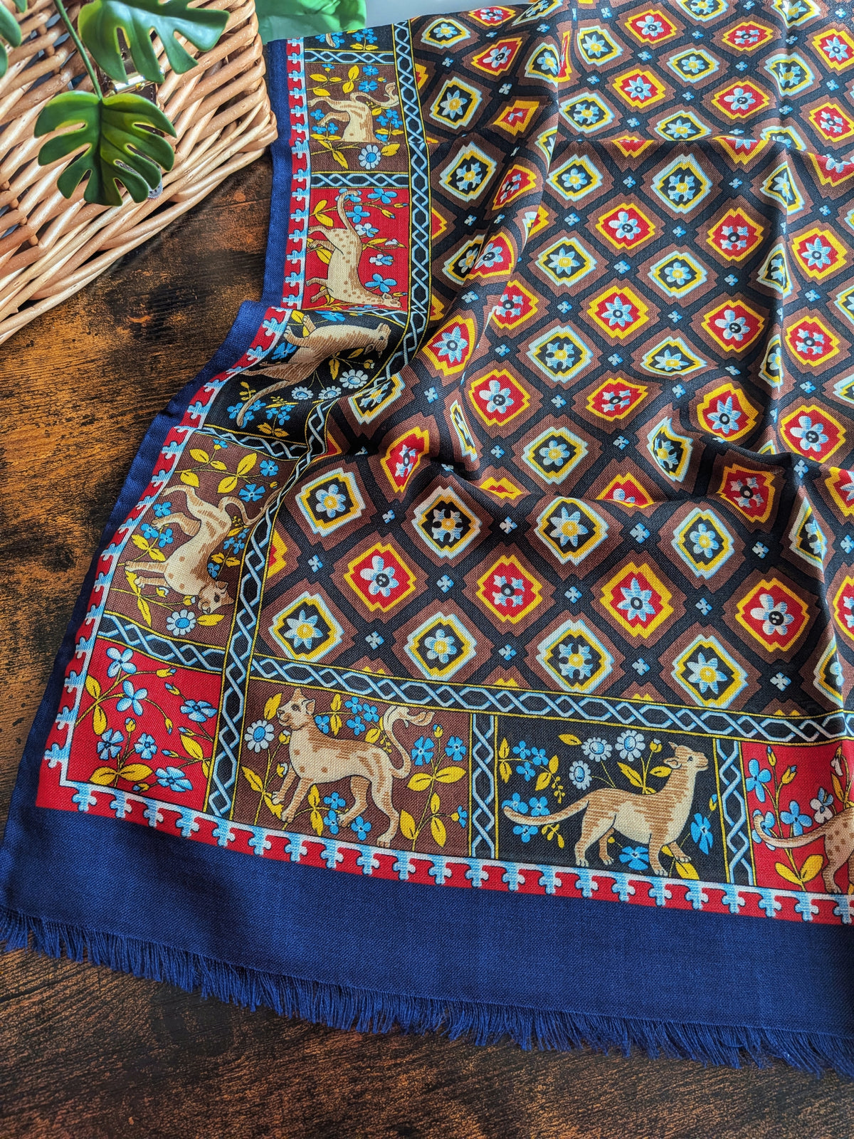 Drake's Navy Mythical Animals Print Wool Silk Scarf - image 1