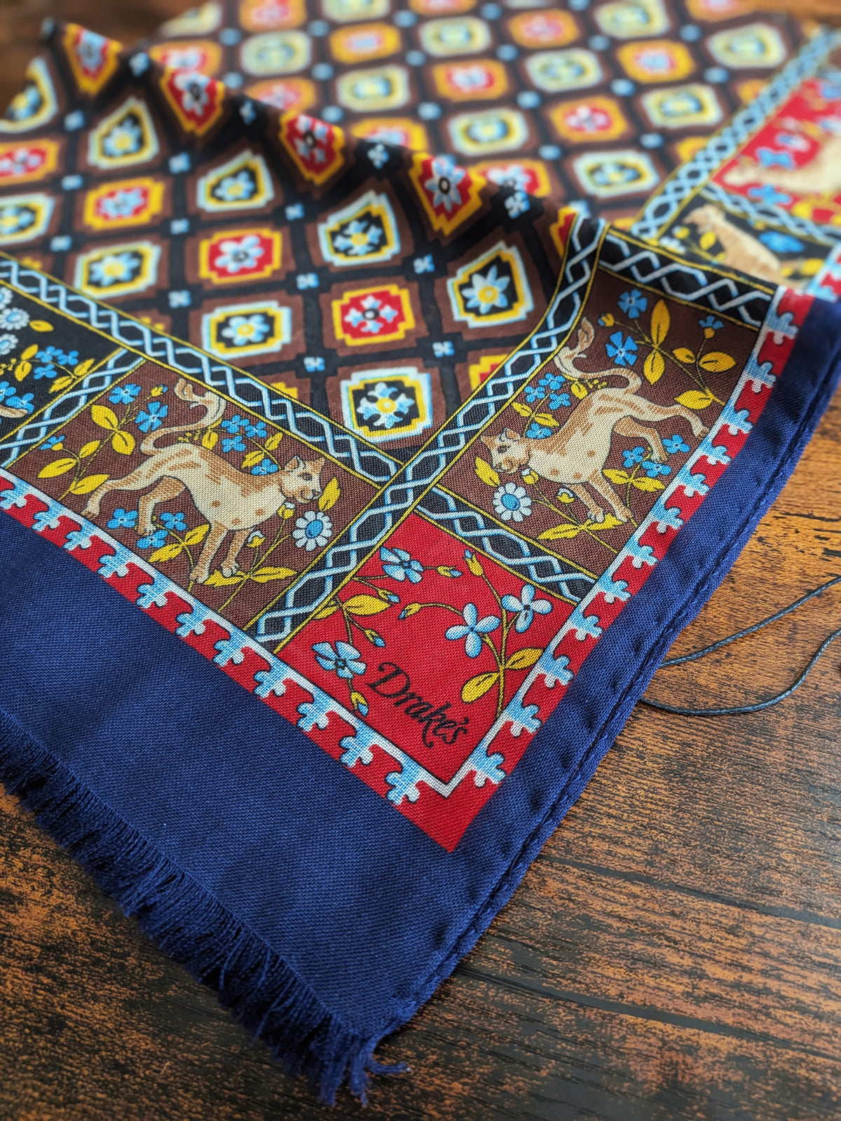 Drake's Navy Mythical Animals Print Wool Silk Scarf - image 2