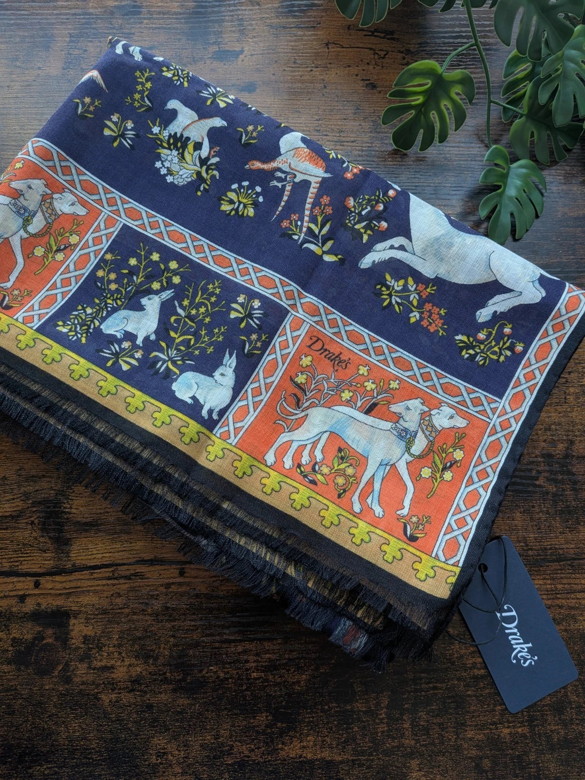 Drake's navy orange unicorn animals print wool silk scarf product image