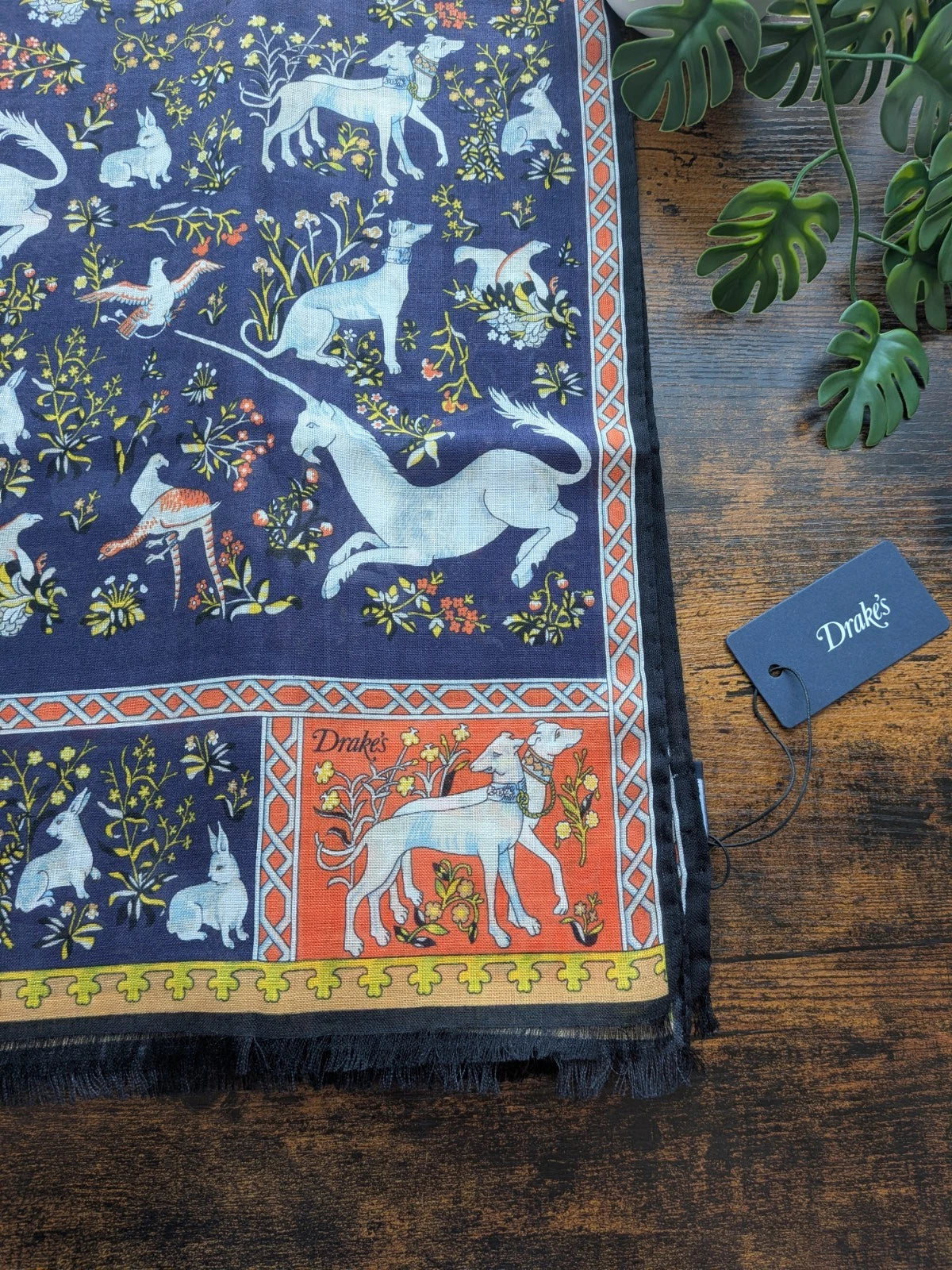 Drake's navy orange unicorn animals print wool silk scarf detail view 2