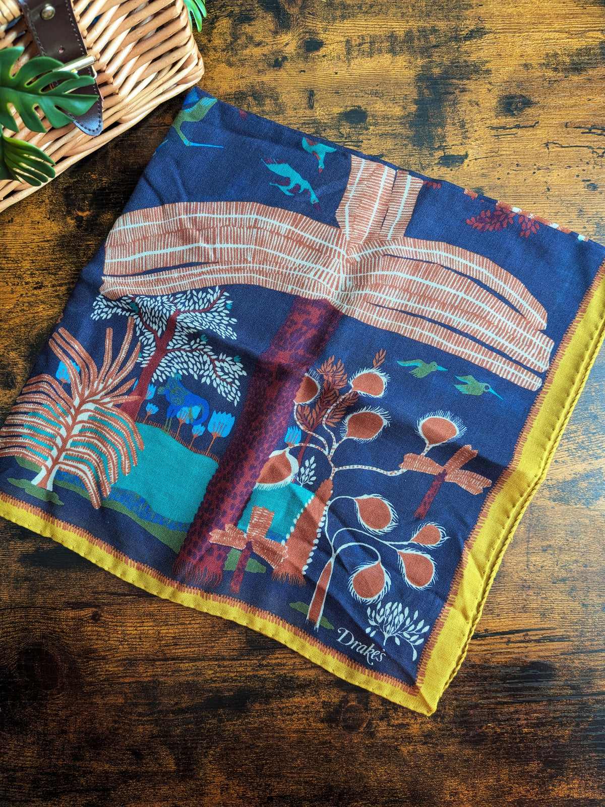 Drake's Navy Palm Print Wool-Silk Bandana - image 3