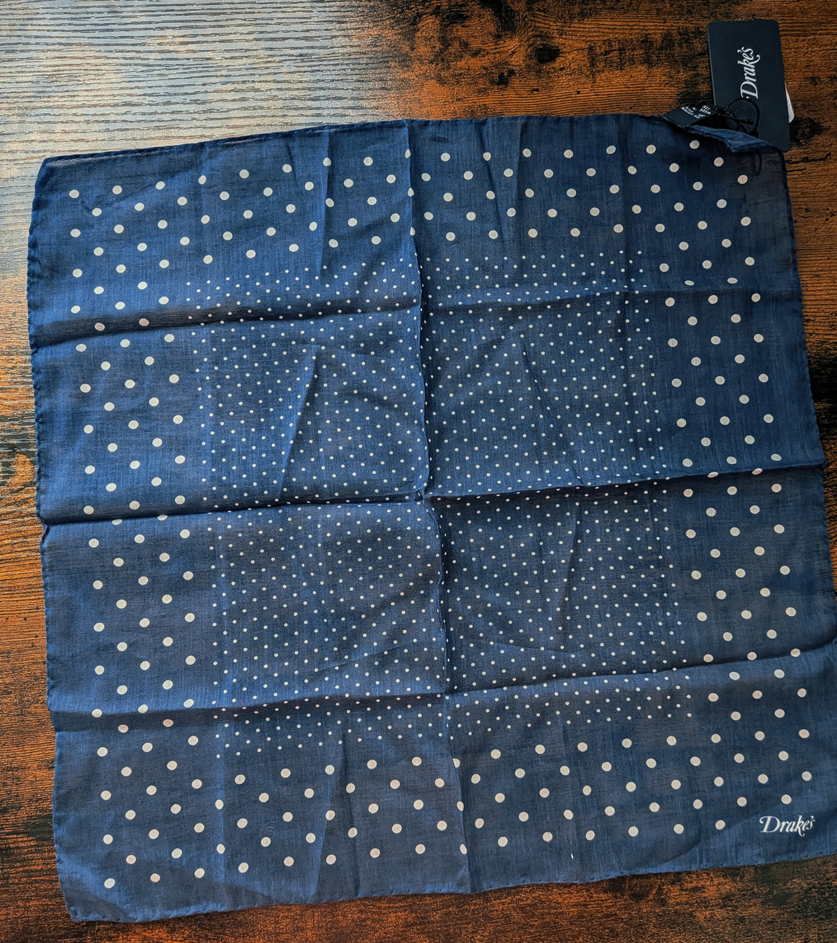 Drake's navy spots print cotton silk pocket square detail view 2