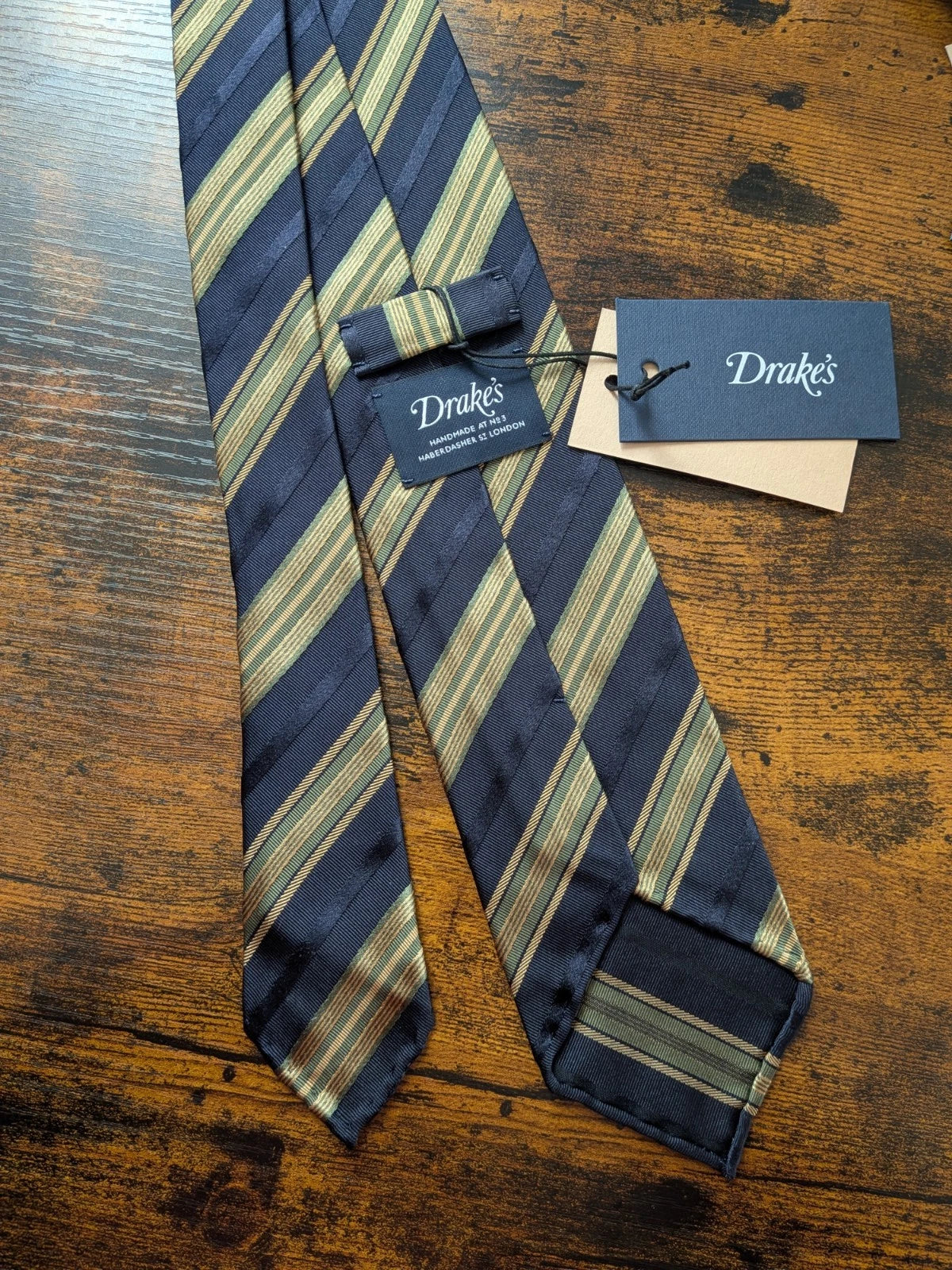 Drake's navy yellow green multicoloured striped handmade silk cotton tie product image