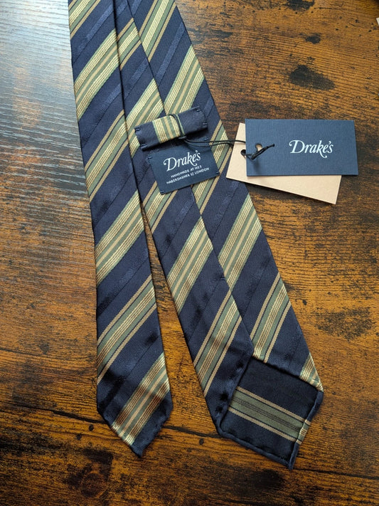 Drake's navy yellow green multicoloured striped handmade silk cotton tie product image