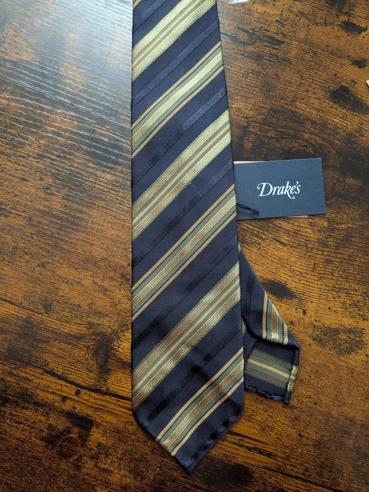 Drake's navy yellow green multicoloured striped handmade silk cotton tie detail view 2