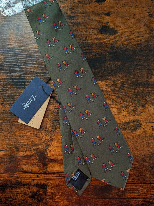 Drake's Olive Green Football Sport Motif Handmade Tipped Silk Tie - Luxury Mens Accessory Curated By The Perenn