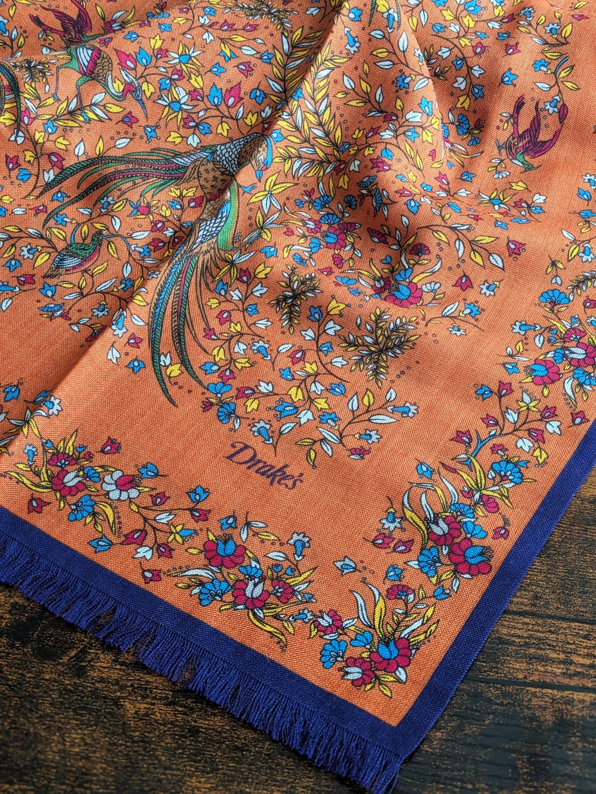 Drake's Orange Birds of Paradise Print Tubular Wool-Silk Scarf - image 1